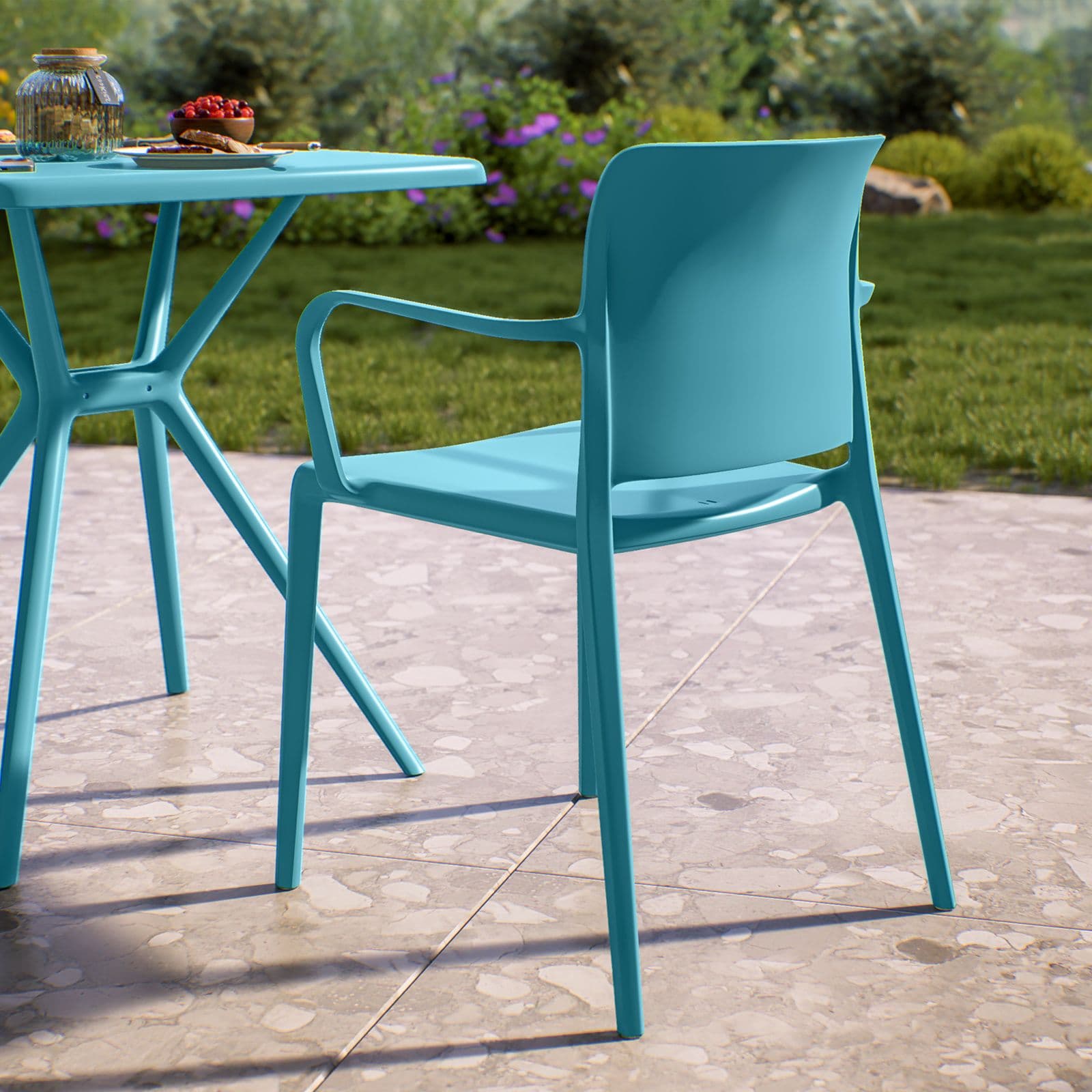 Sedia da giardino squadrata con braccioli in polipropilene blu maldive - Vitta