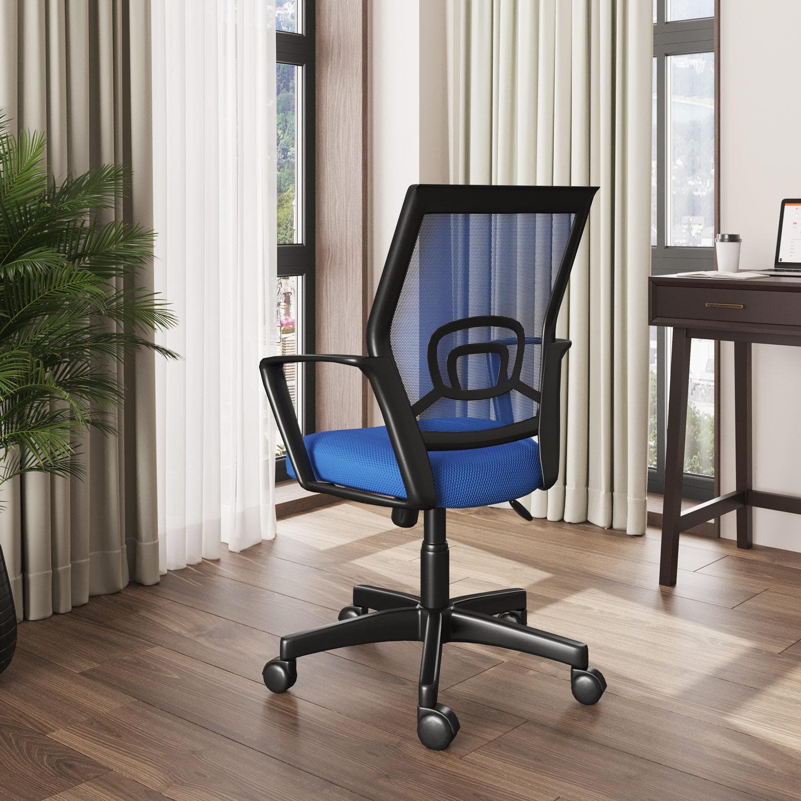 Sedia da ufficio girevole in tessuto mesh blu e schienale traspirante con supporto lombare - Wilson