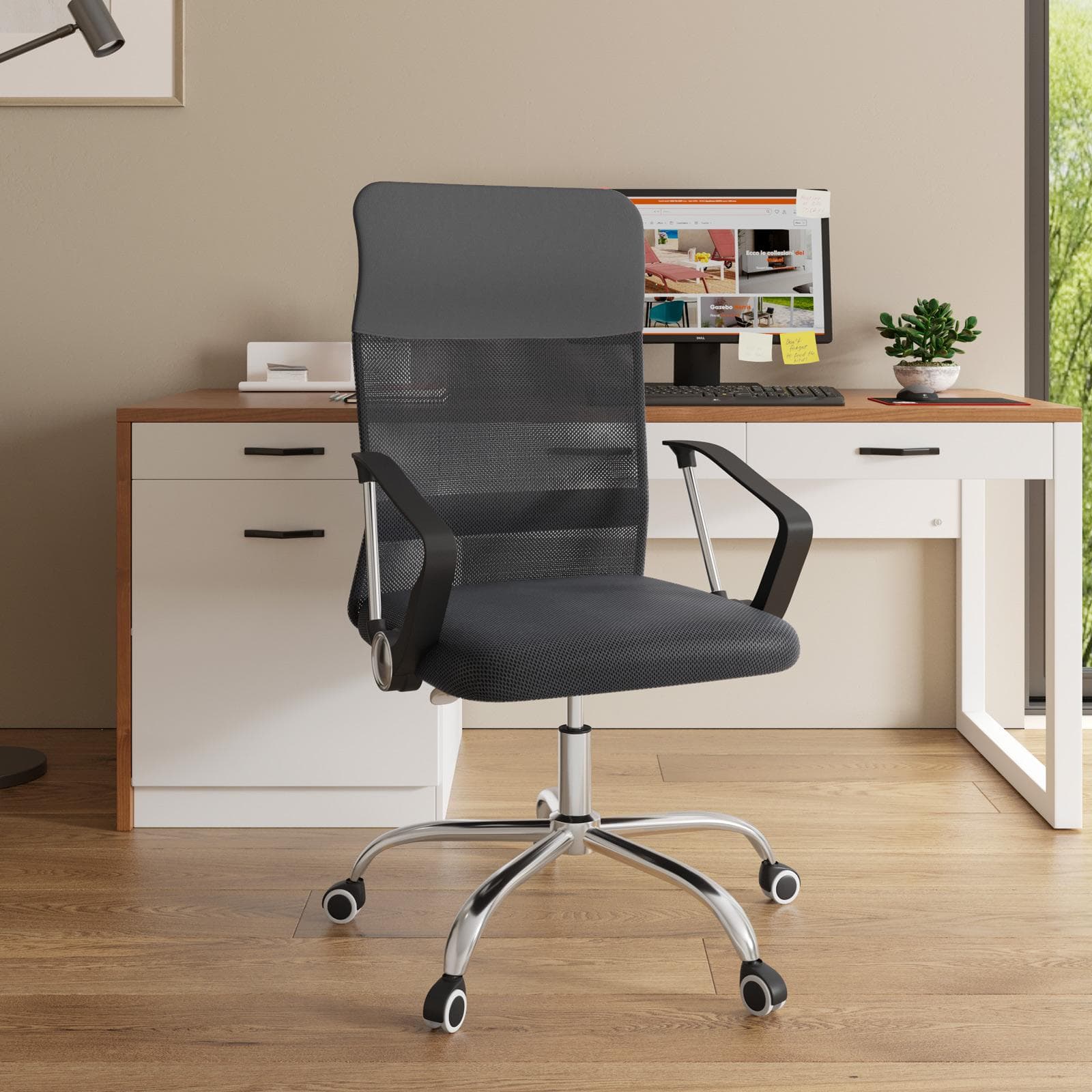 Sedia da ufficio girevole in tessuto mesh grigio e schienale traspirante con parte alta in similpelle grigio - Duncan