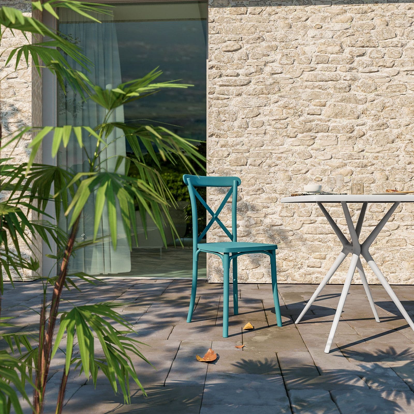 Sedia da giardino con schienale incrociato in polipropilene blu maldive - Demetra