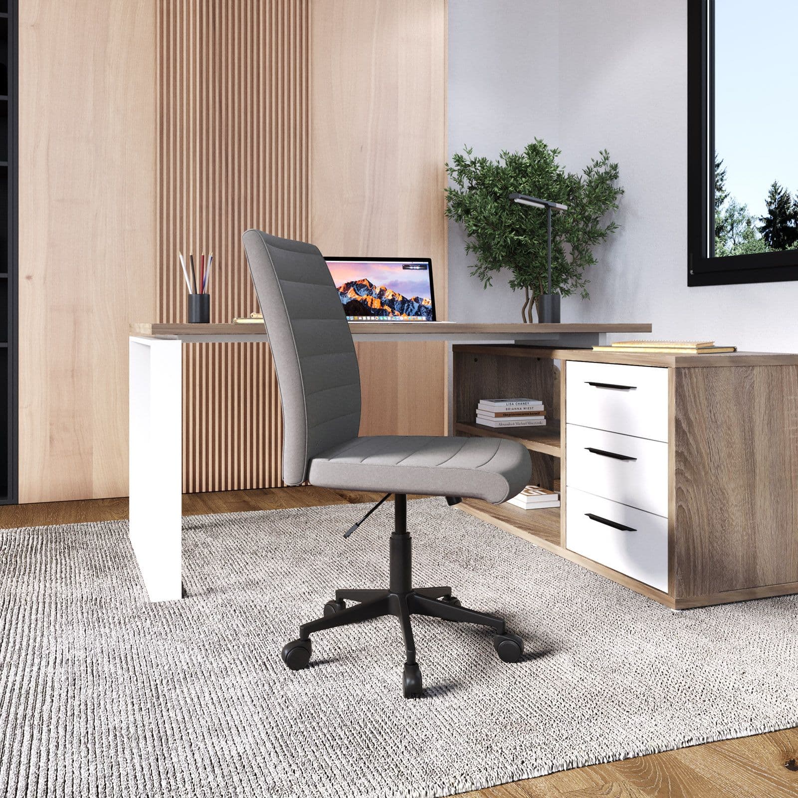 Sedia girevole da ufficio in tessuto grigio chiaro con altezza regolabile e base in nylon - Tamara