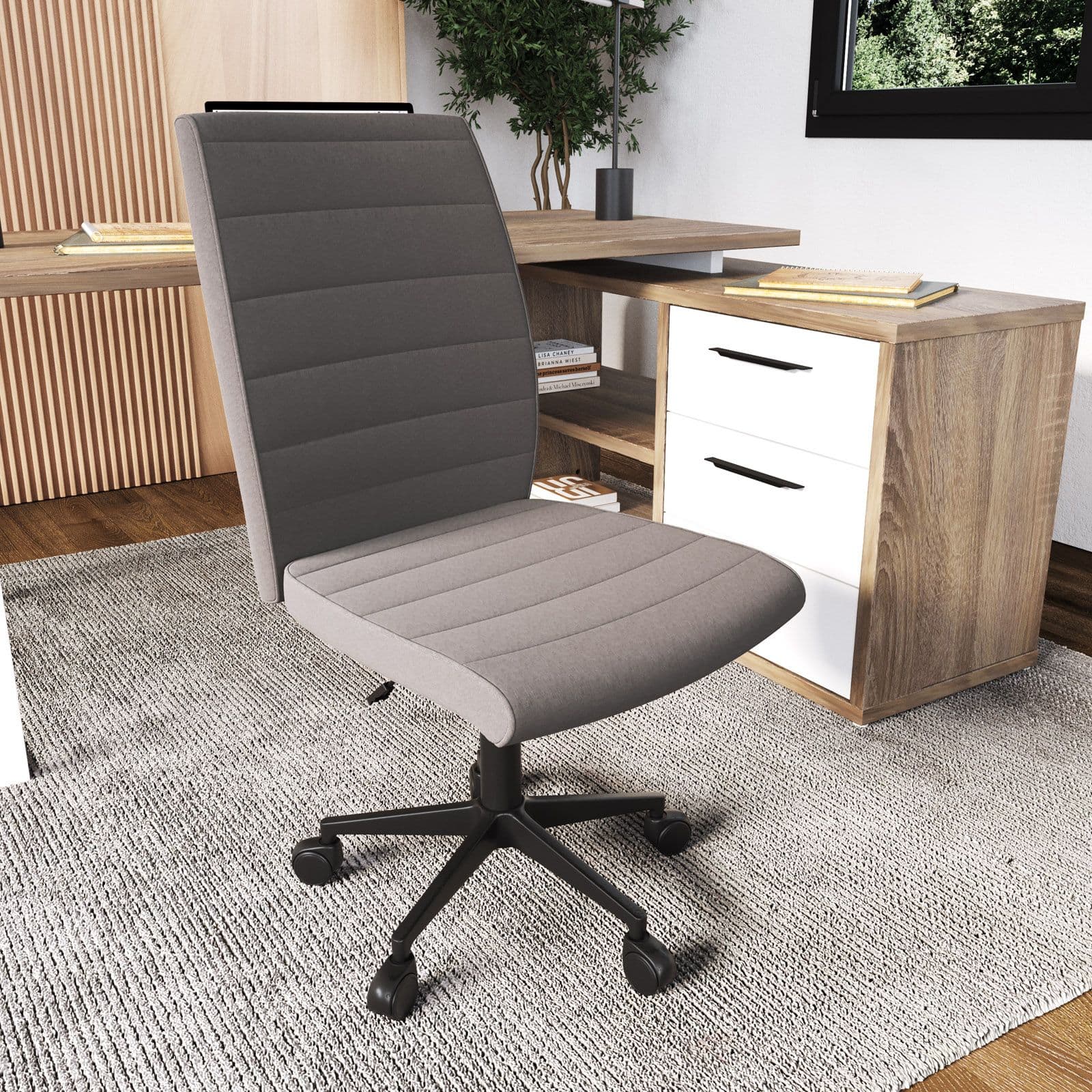Sedia girevole da ufficio in tessuto grigio chiaro con altezza regolabile e base in nylon - Tamara