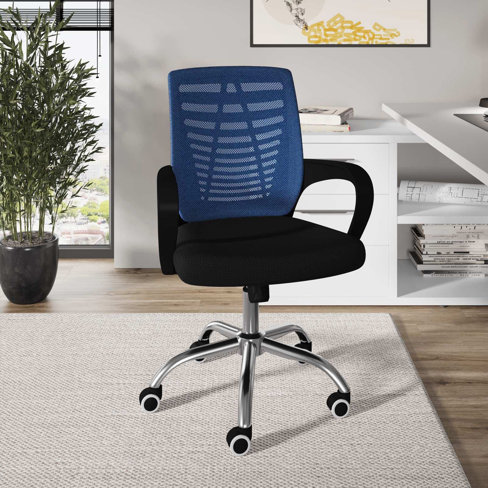 Sedia da ufficio girevole in tessuto mesh nero e schienale traspirante blu - Storex
