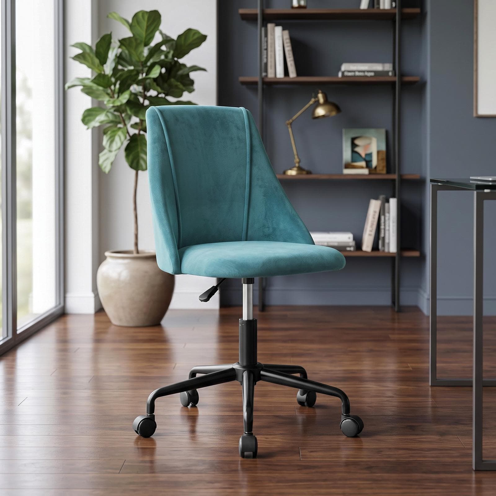 Sedia da ufficio girevole in velluto blu petrolio con base in metallo nero - Iupak Roller