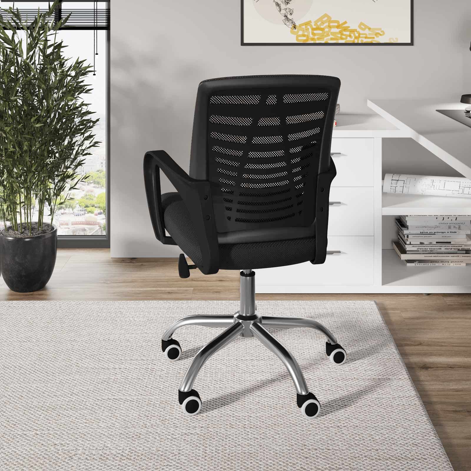 Sedia da ufficio girevole in tessuto mesh nero e schienale traspirante con base cromata - Storex
