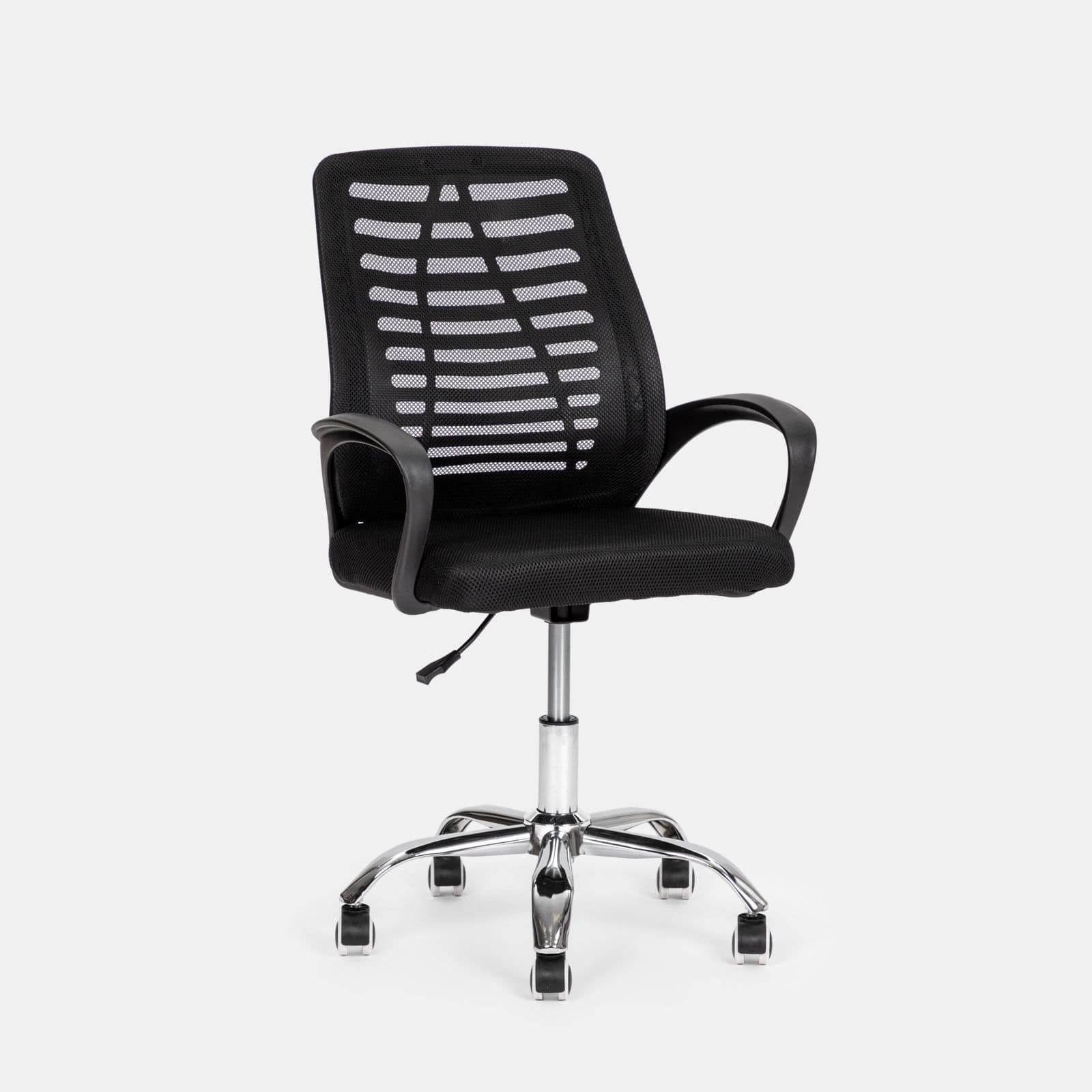 Sedia da ufficio girevole in tessuto mesh nero e schienale traspirante con base cromata - Storex