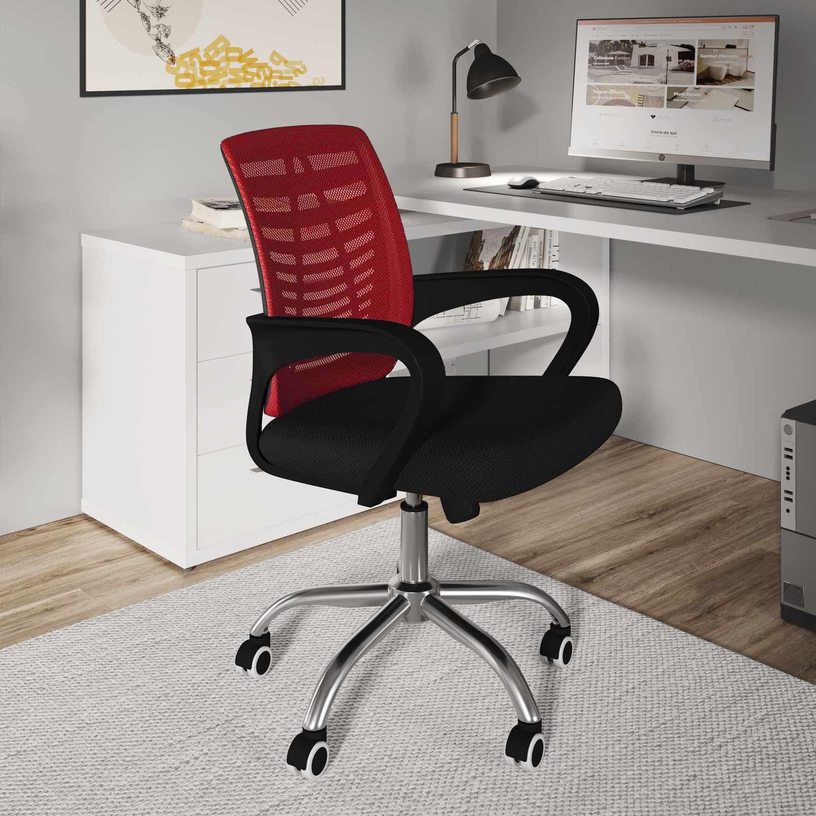 Sedia da ufficio girevole in tessuto mesh nero e schienale traspirante rosso - Storex