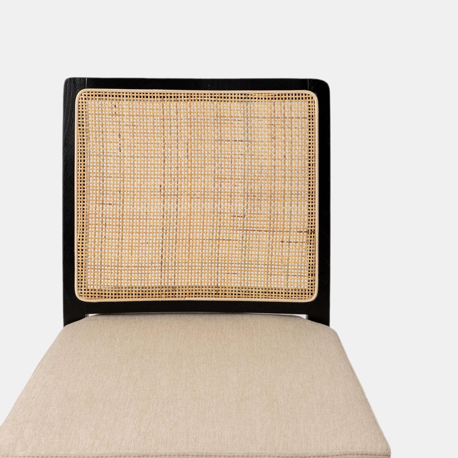 Sedia in legno di olmo nero con schienale in rattan e cuscino in tessuto beige - Bodin