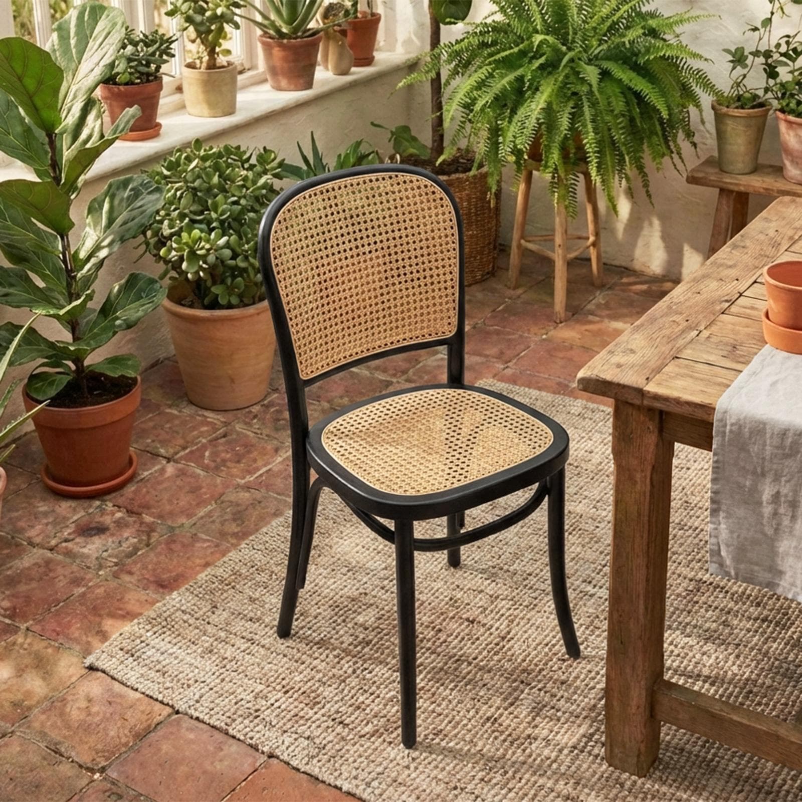 Sedia in legno di olmo nero con seduta e schienale in rattan - Kerim