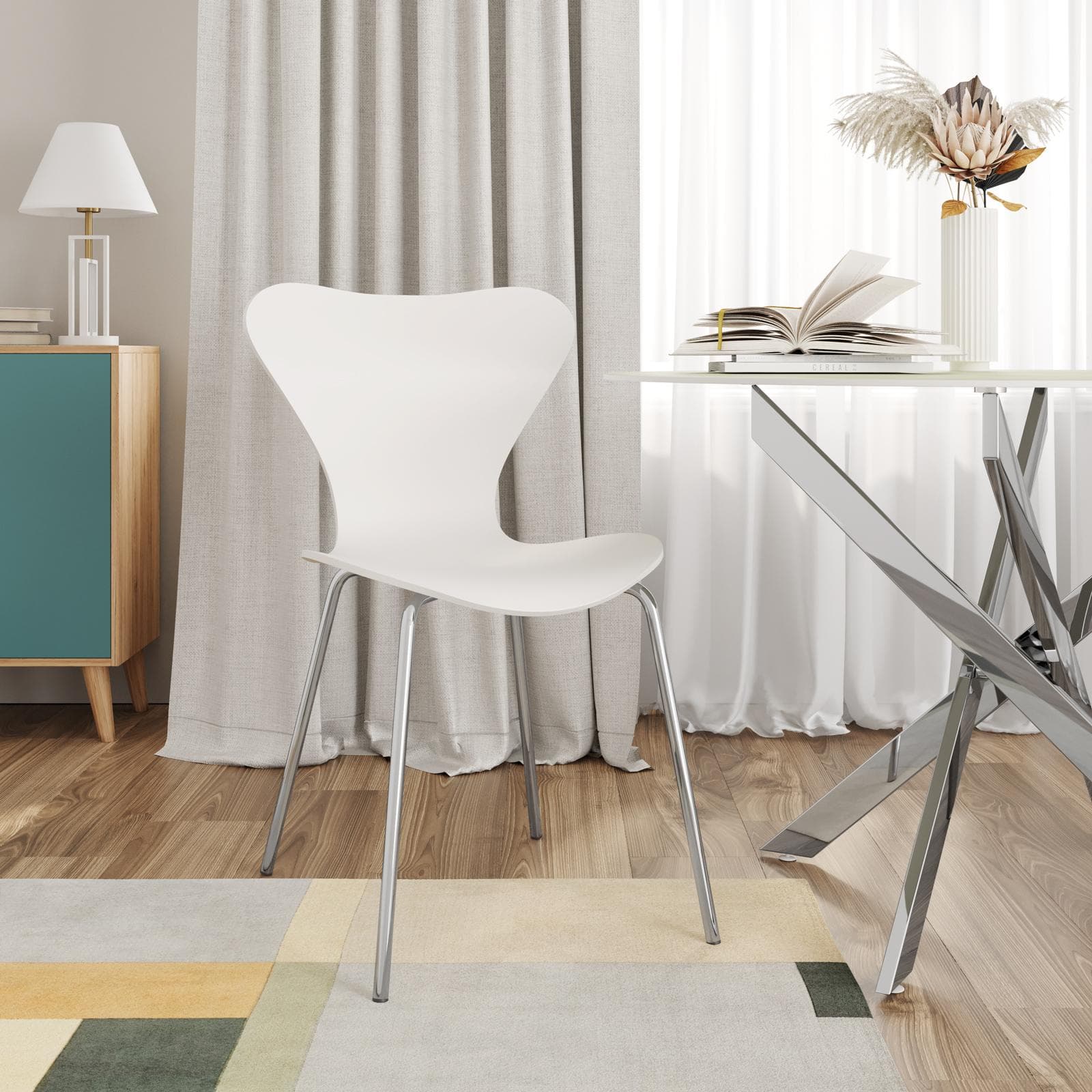Sedia impilabile in polipropilene bianco con seduta effetto legno e gambe cromo - Dolly