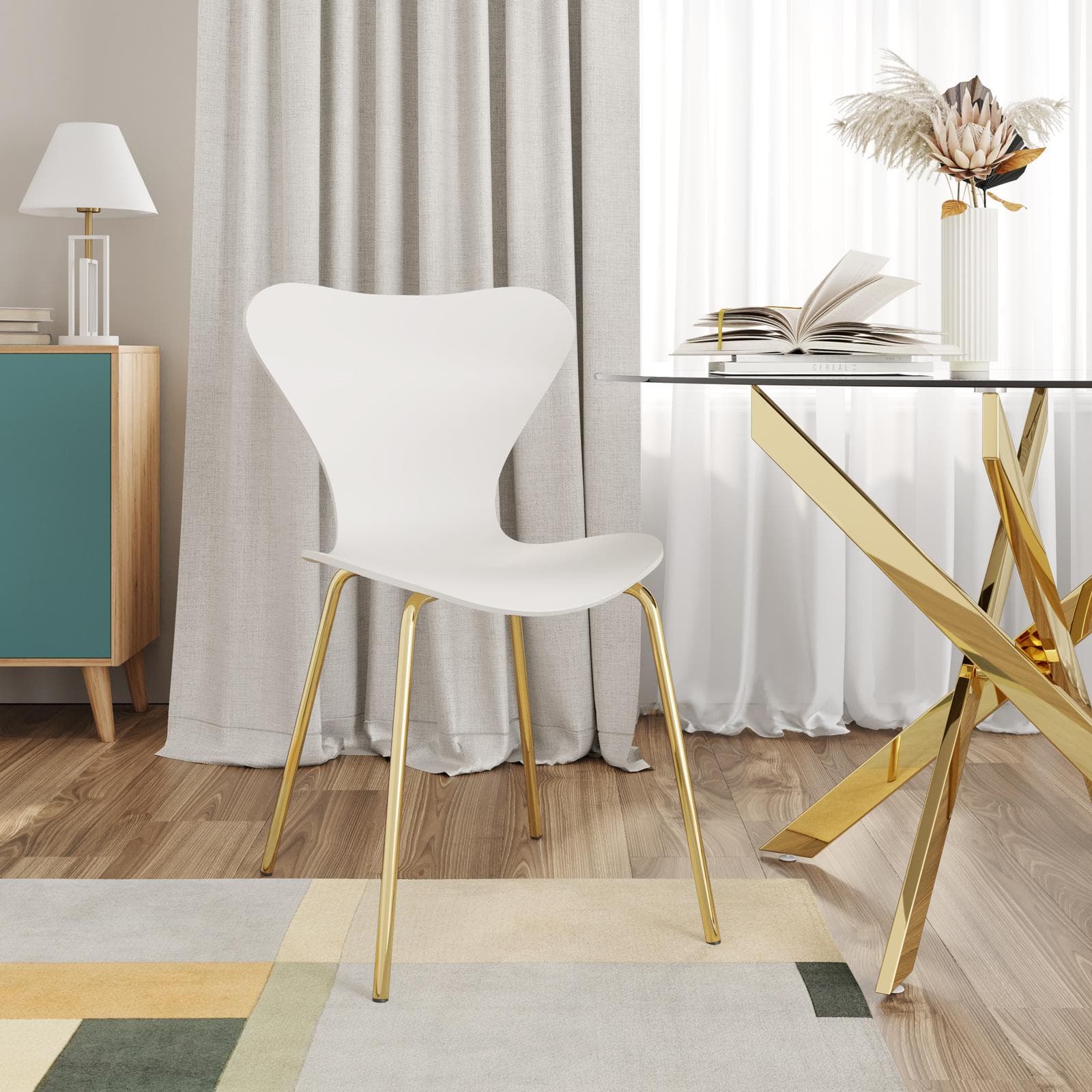 Sedia impilabile in polipropilene bianco con seduta effetto legno e gambe oro - Dolly