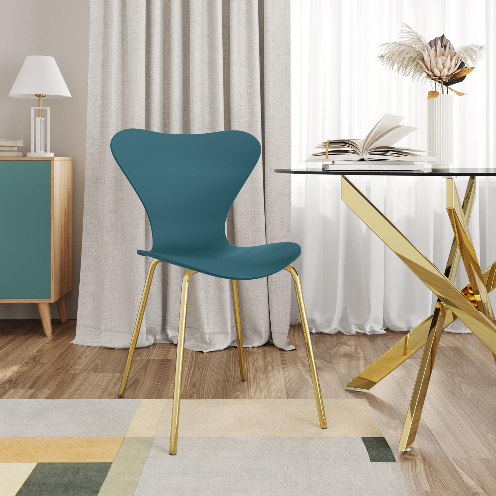 Sedia impilabile in polipropilene blu petrolio con seduta effetto legno e gambe oro - Dolly
