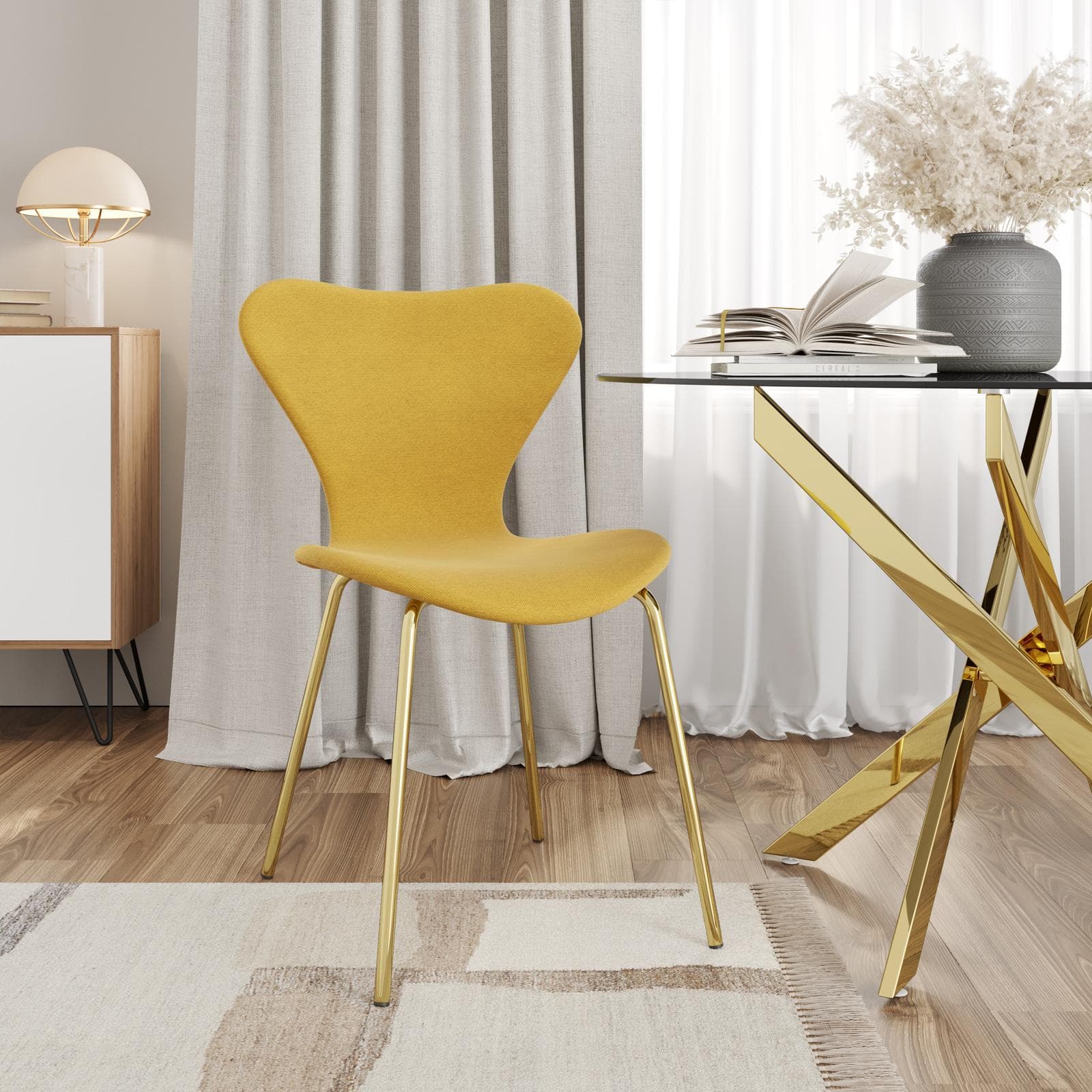 Sedia impilabile in tessuto giallo con gambe oro - Dolly