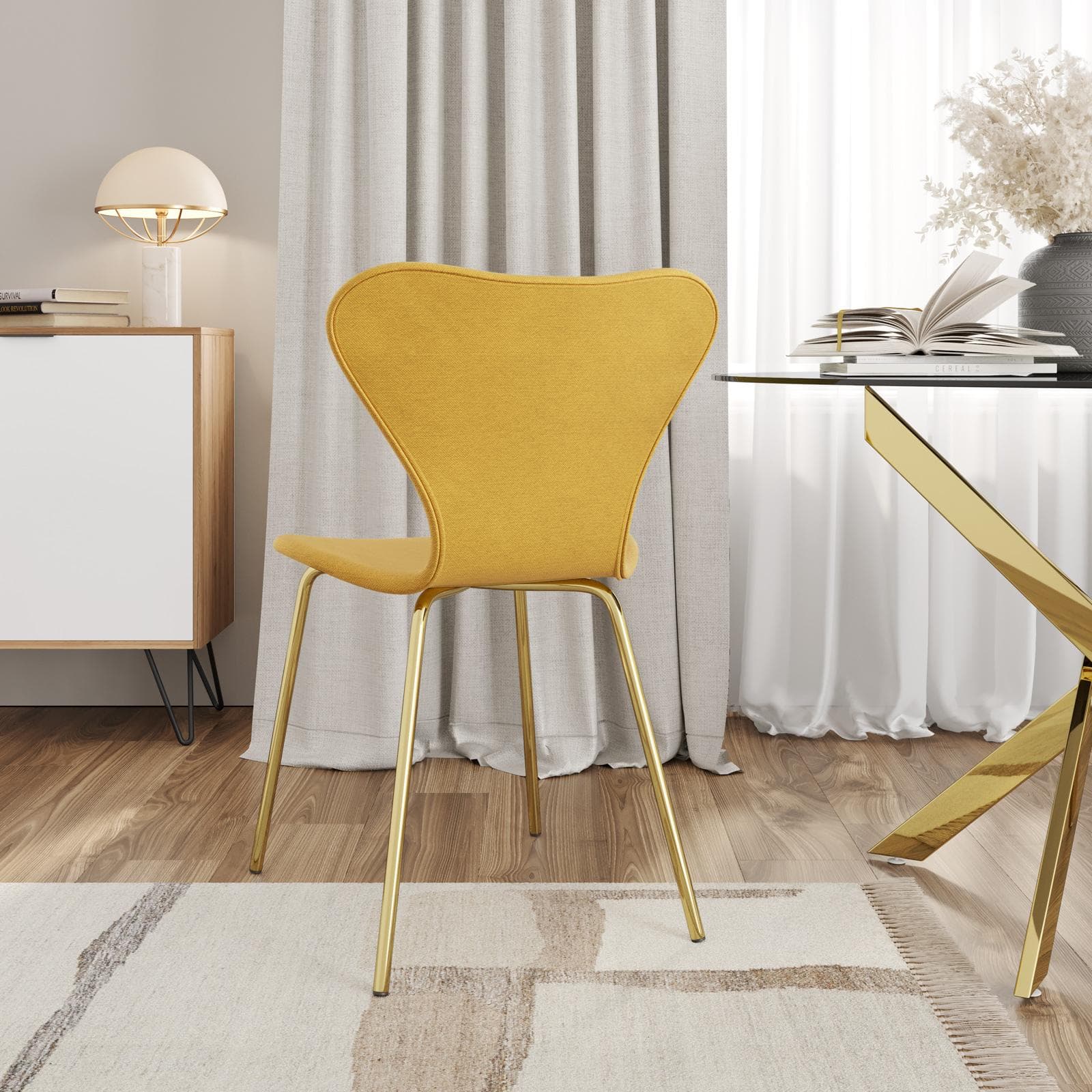 Sedia impilabile in tessuto giallo con gambe oro - Dolly