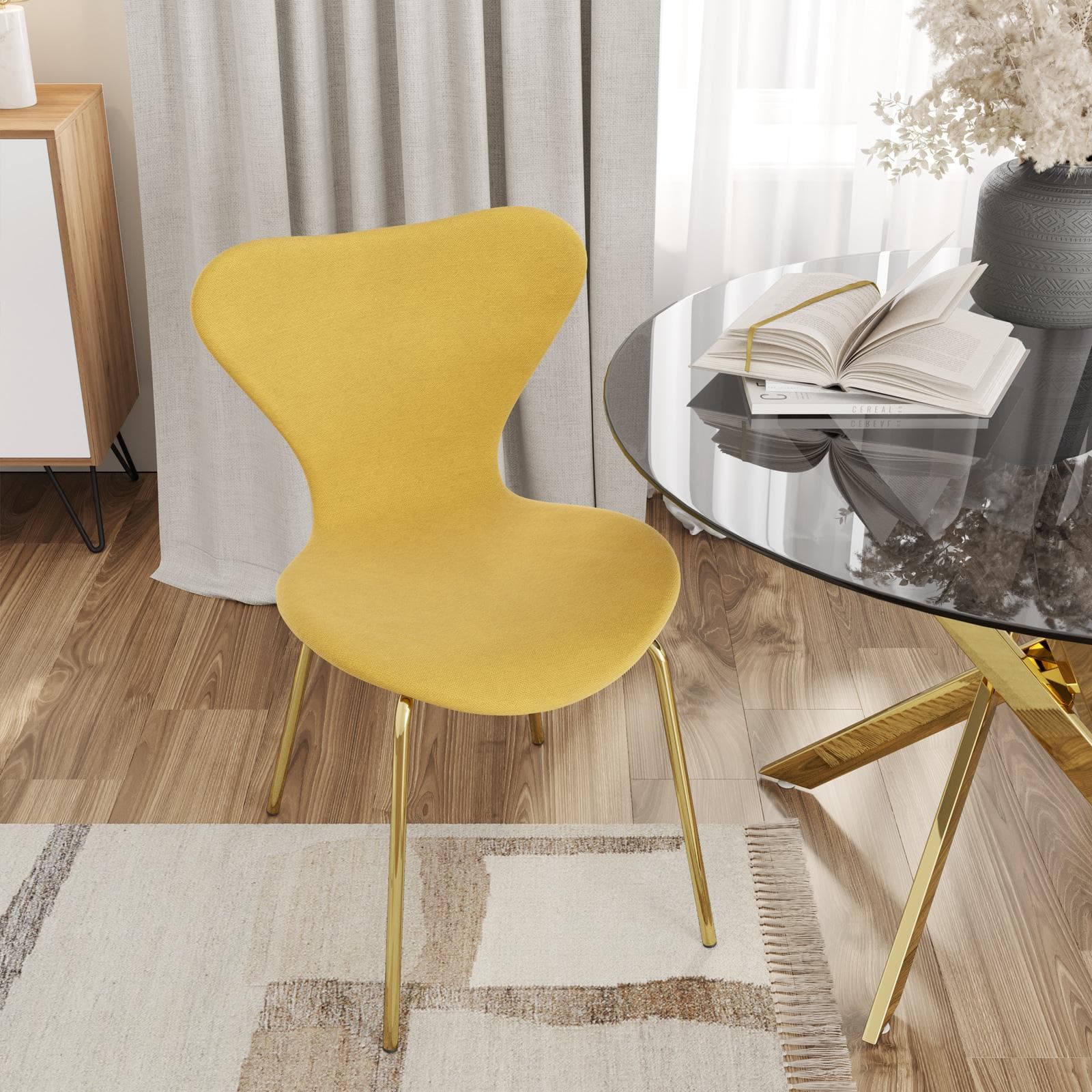 Sedia impilabile in tessuto giallo con gambe oro - Dolly