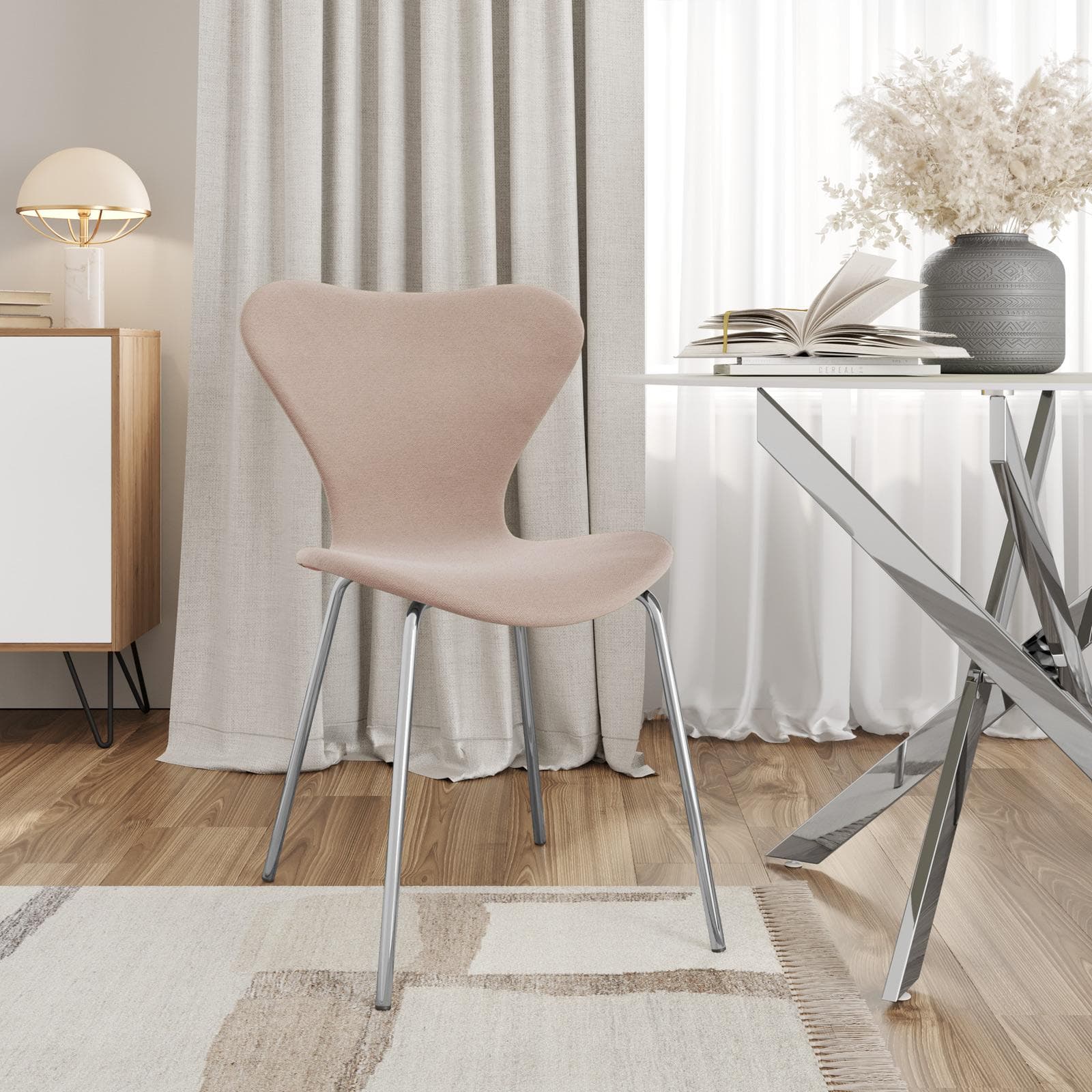 Sedia impilabile in tessuto rosa nude con gambe cromo - Dolly