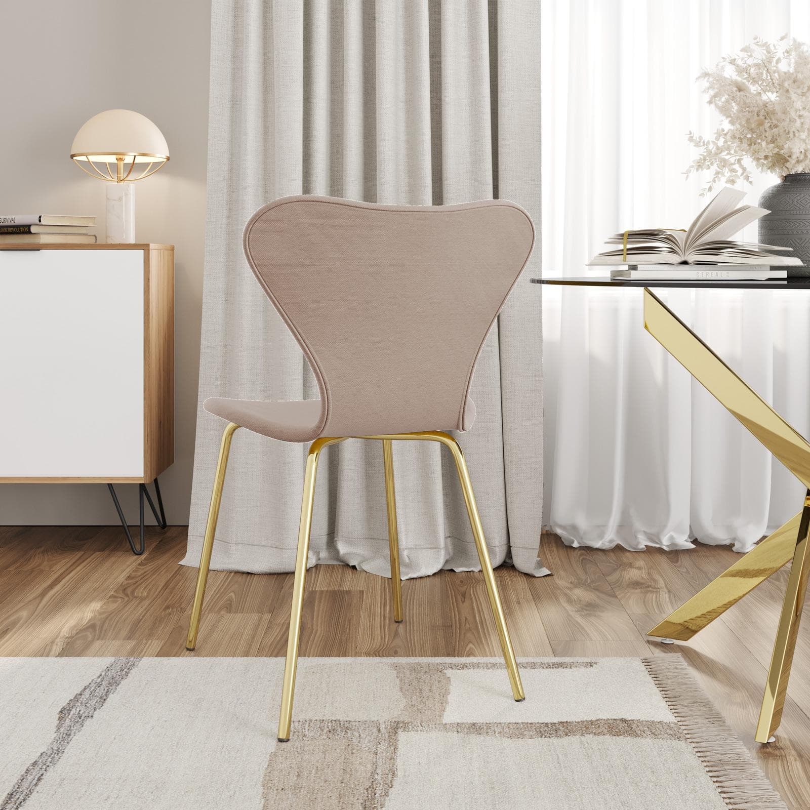 Sedia impilabile in tessuto rosa nude con gambe oro - Dolly