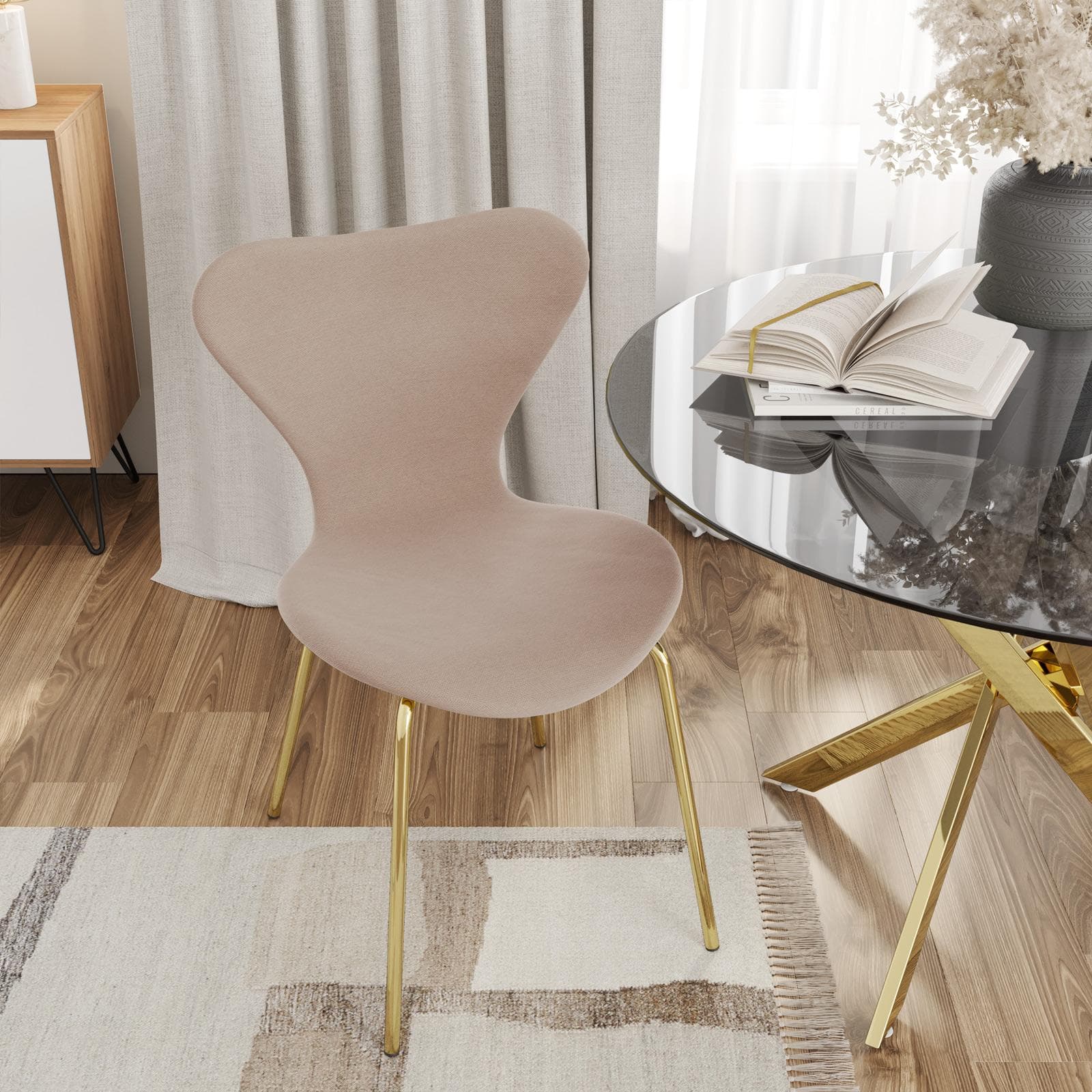 Sedia impilabile in tessuto rosa nude con gambe oro - Dolly