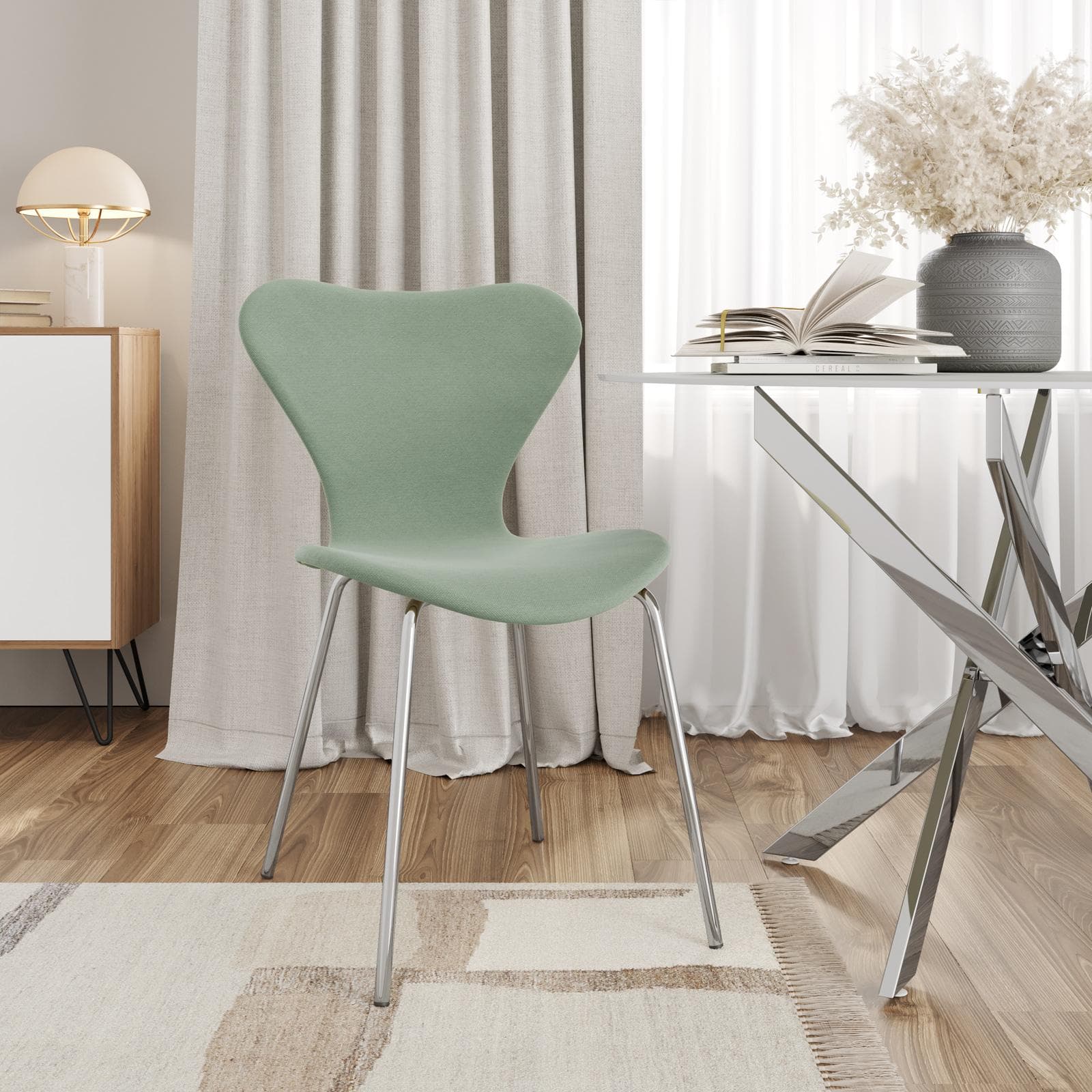 Sedia impilabile in tessuto verde celadon con gambe cromo - Dolly