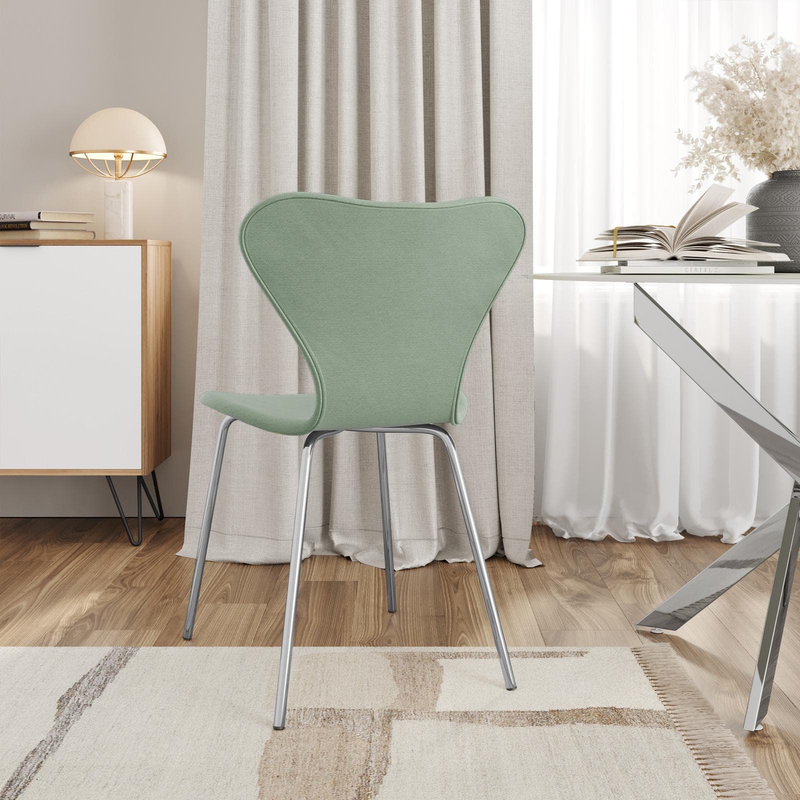 Sedia impilabile in tessuto verde celadon con gambe cromo - Dolly