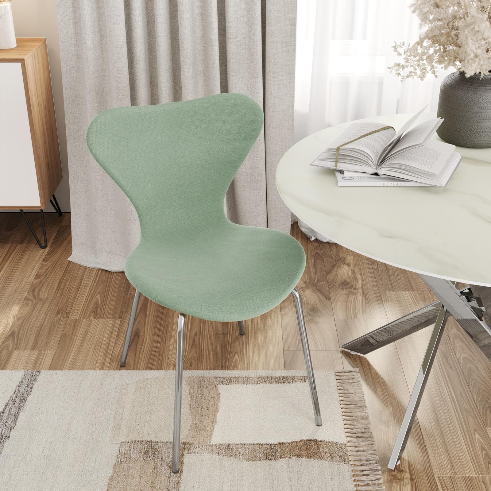 Sedia impilabile in tessuto verde celadon con gambe cromo - Dolly