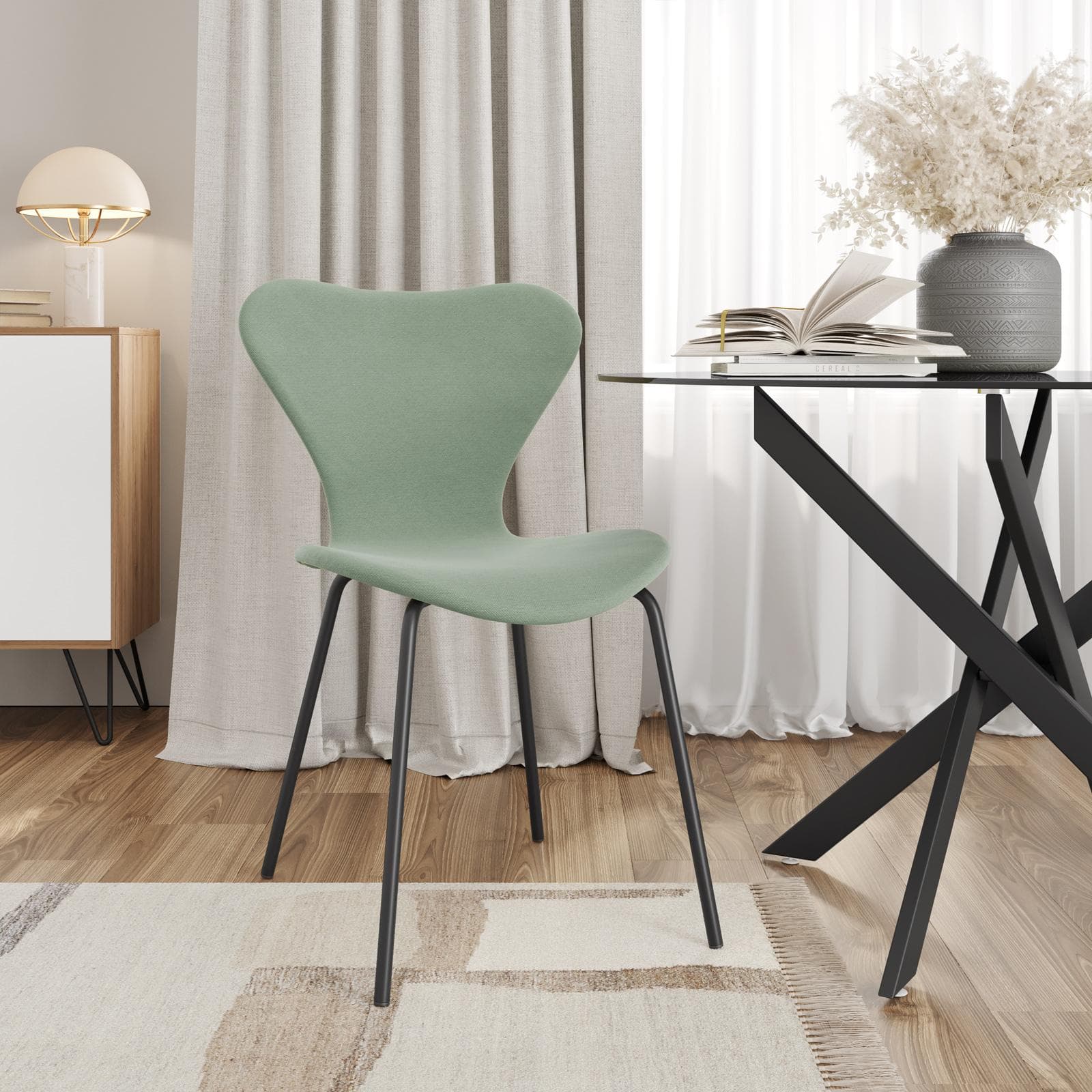 Sedia impilabile in tessuto verde celadon con gambe in metallo nero - Dolly