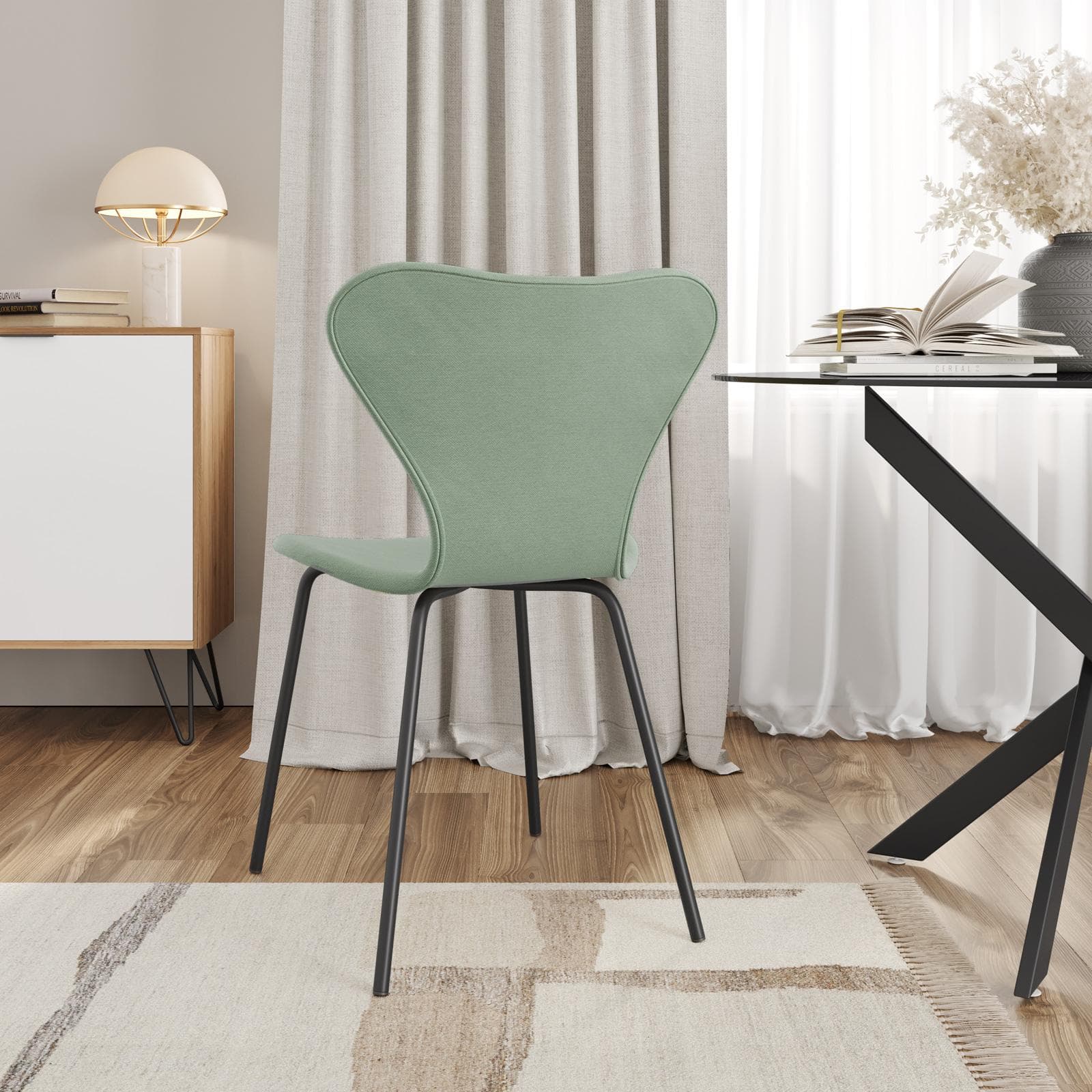 Sedia impilabile in tessuto verde celadon con gambe in metallo nero - Dolly