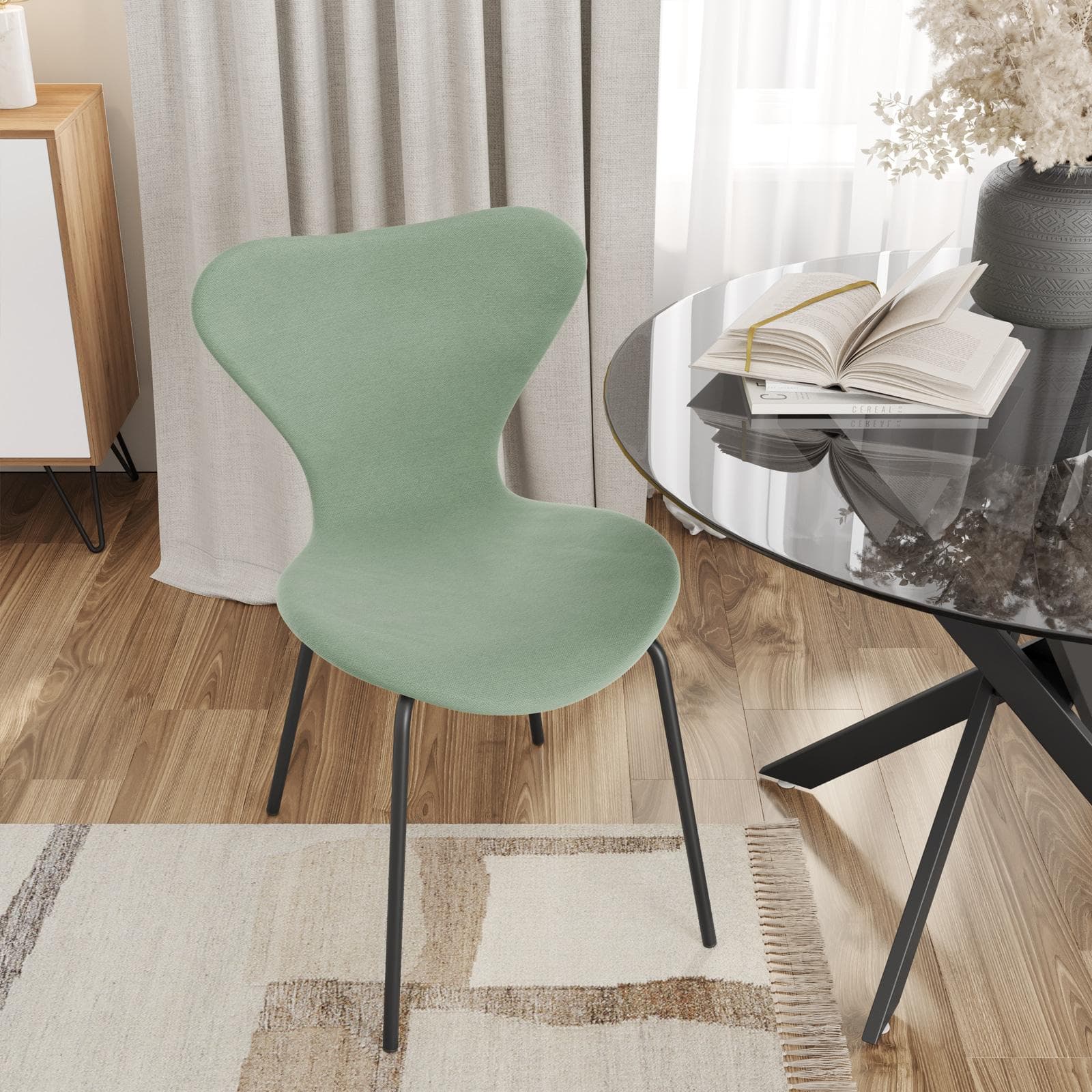 Sedia impilabile in tessuto verde celadon con gambe in metallo nero - Dolly