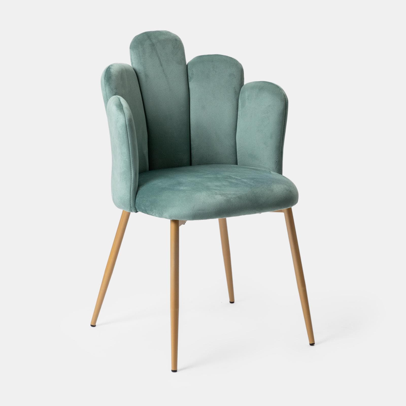 Sedia in velluto verde salvia con schienale a conchiglia e gambe in metallo finitura oro - Pedersen