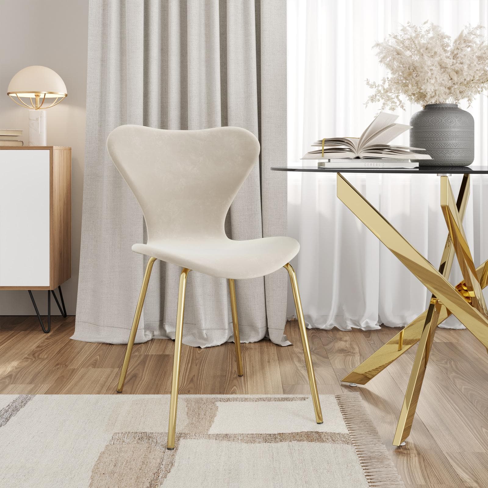 Sedia impilabile in velluto crema con gambe oro - Dolly