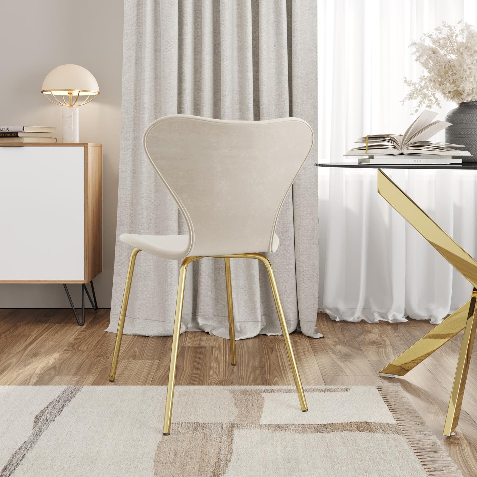 Sedia impilabile in velluto crema con gambe oro - Dolly