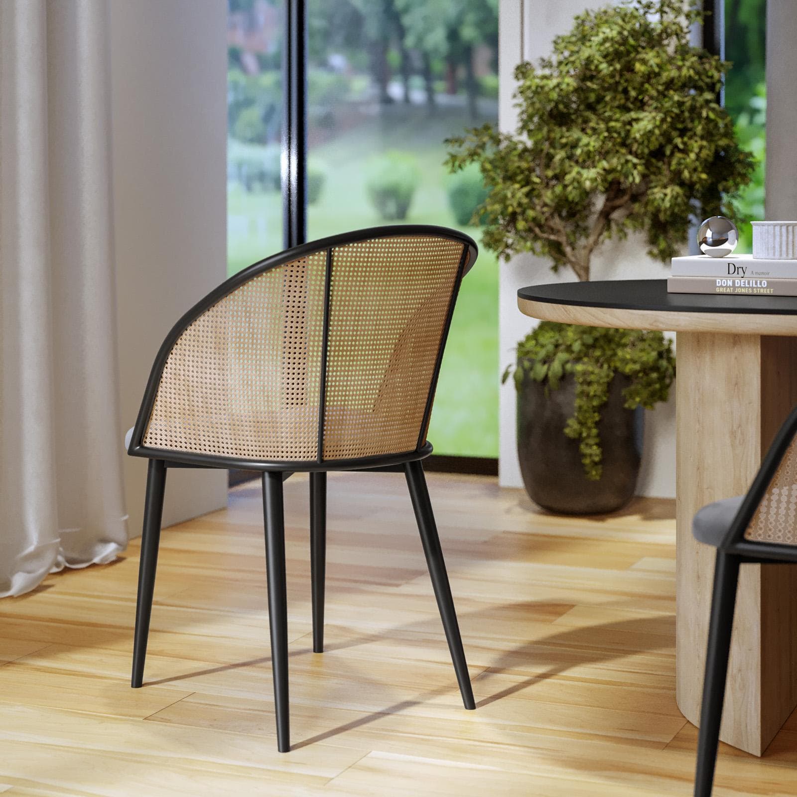 Sedia in velluto grigio con schienale in polyrattan naturale - Sloane