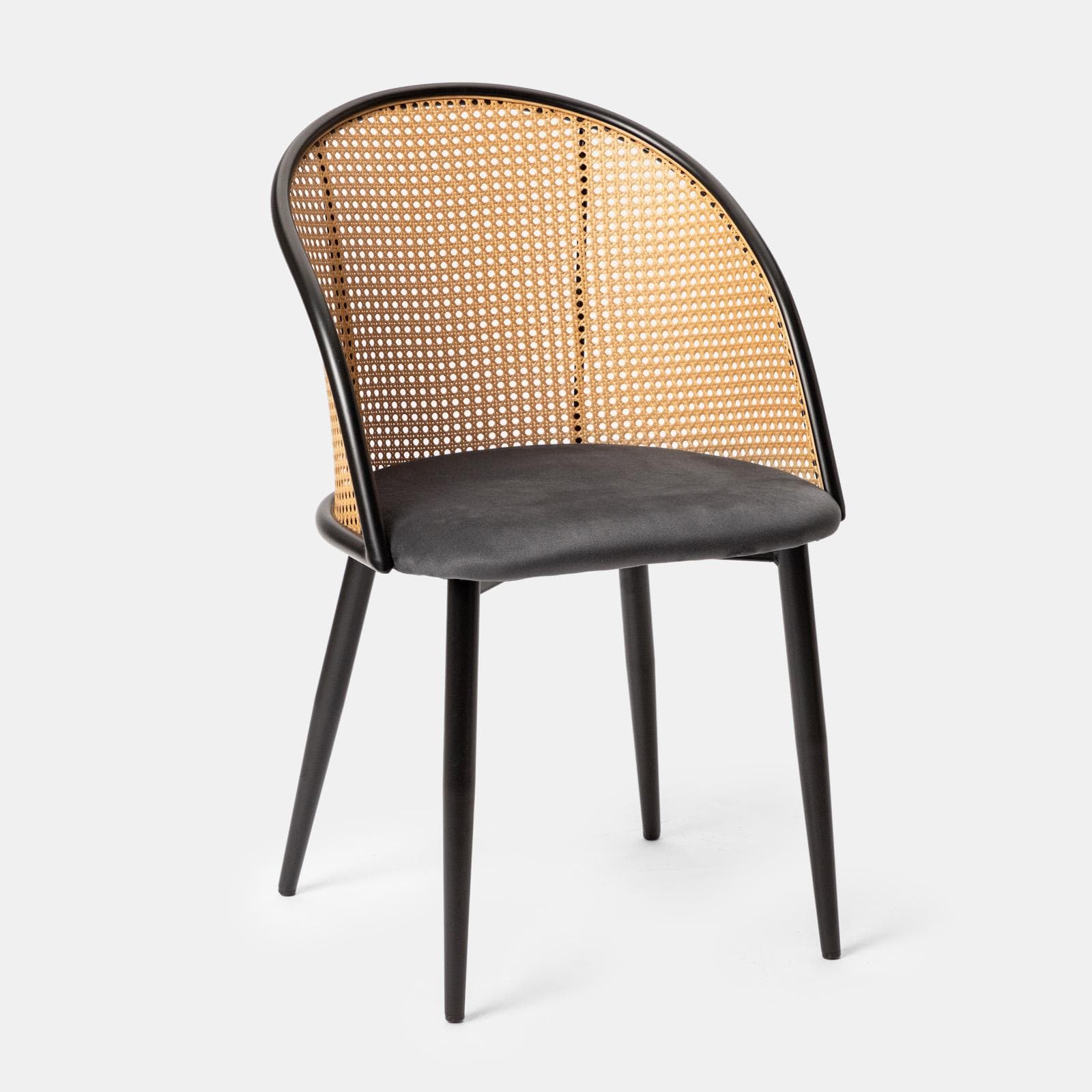 Sedia in velluto grigio con schienale in polyrattan naturale - Sloane