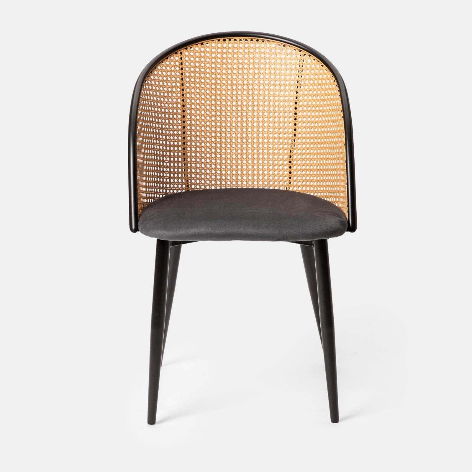 Sedia in velluto grigio con schienale in polyrattan naturale - Sloane