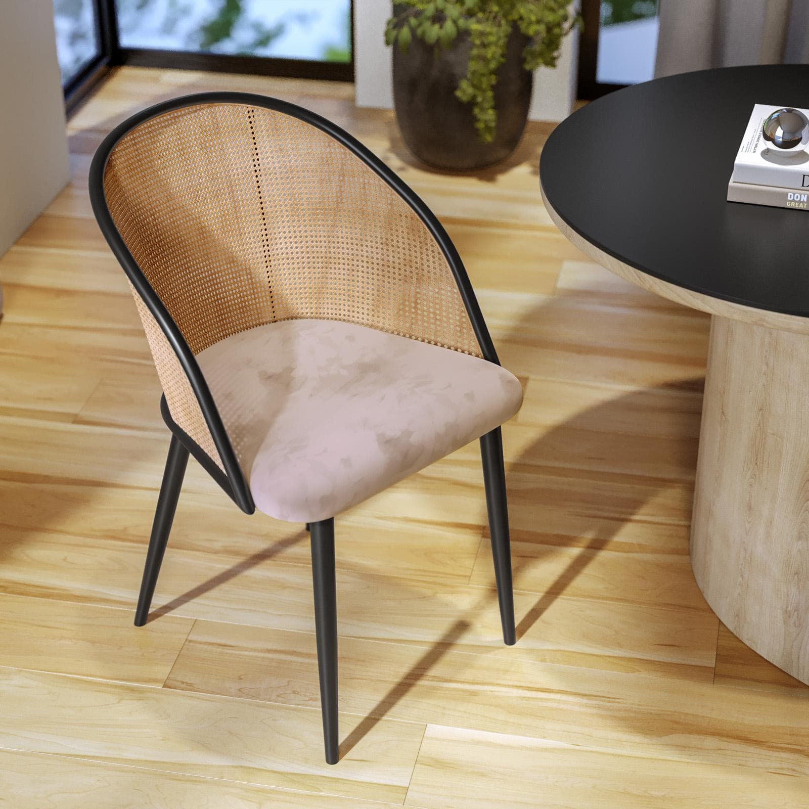 Sedia in velluto tortora chiaro con schienale in polyrattan naturale - Sloane