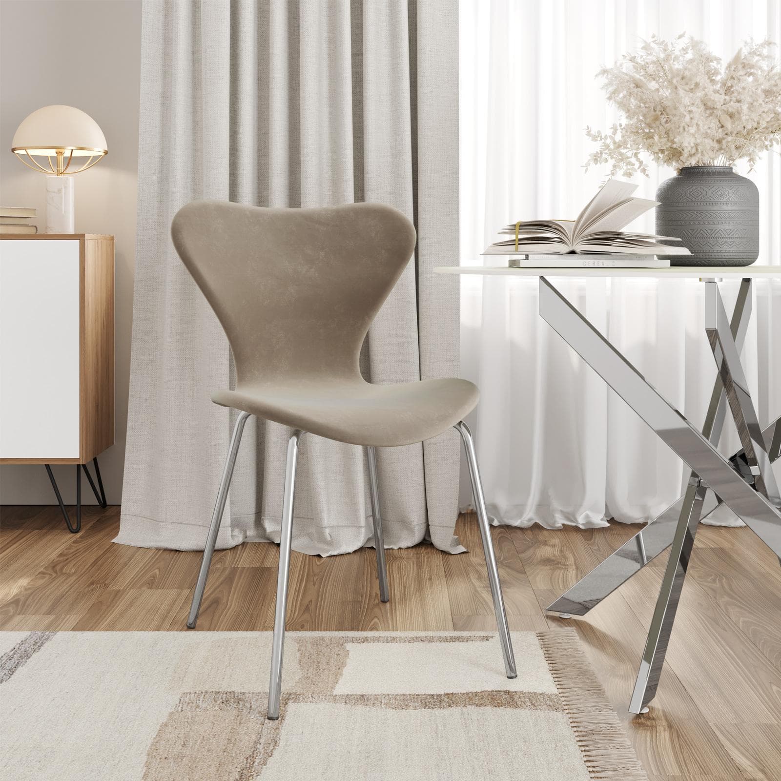 Sedia impilabile velluto tortora con gambe cromo - Dolly