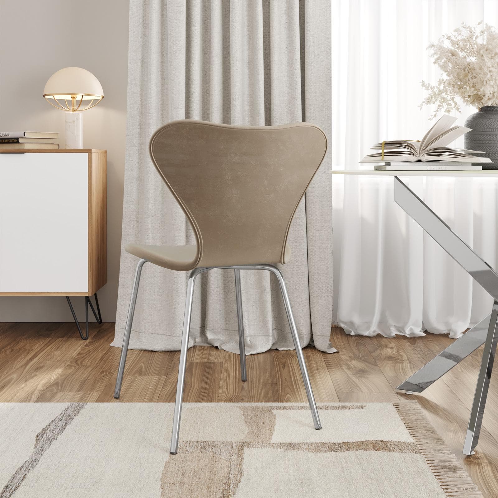 Sedia impilabile velluto tortora con gambe cromo - Dolly