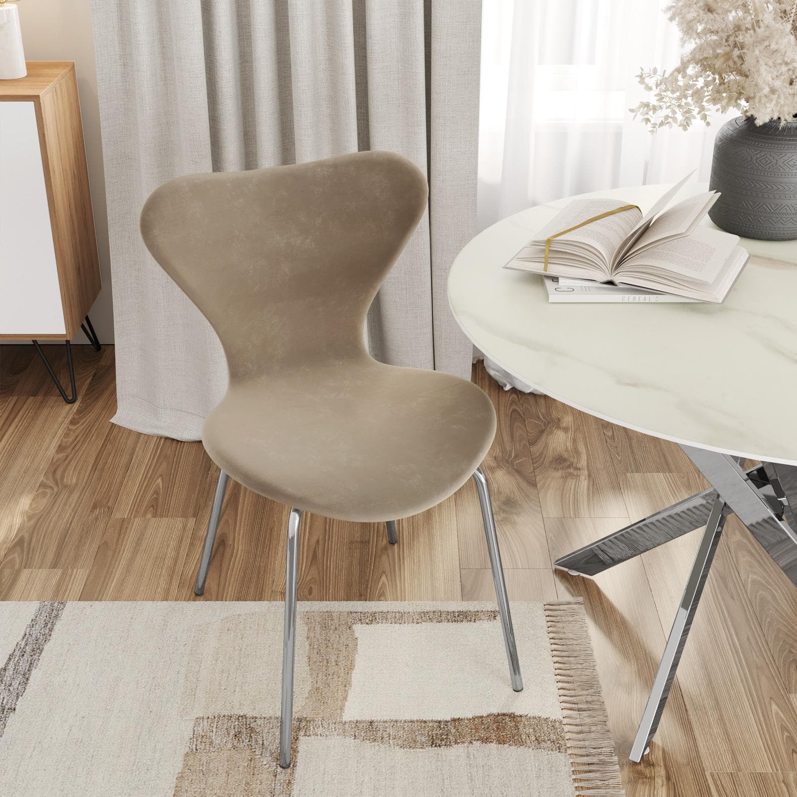 Sedia impilabile velluto tortora con gambe cromo - Dolly