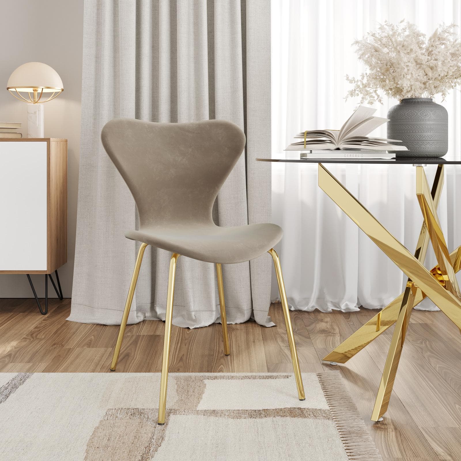 Sedia impilabile in velluto tortora con gambe oro - Dolly