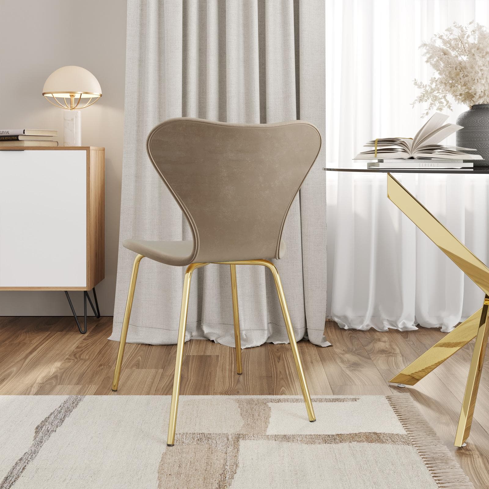 Sedia impilabile in velluto tortora con gambe oro - Dolly