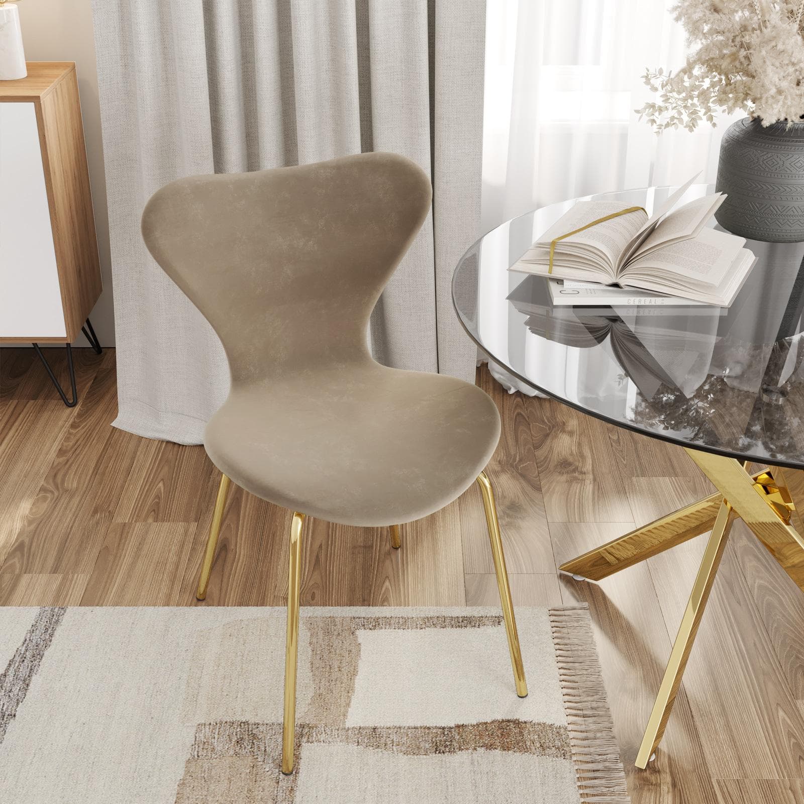 Sedia impilabile in velluto tortora con gambe oro - Dolly