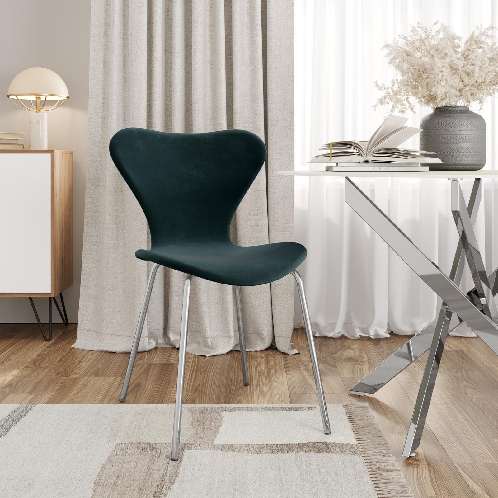 Sedia impilabile velluto verde bosco con gambe cromo - Dolly