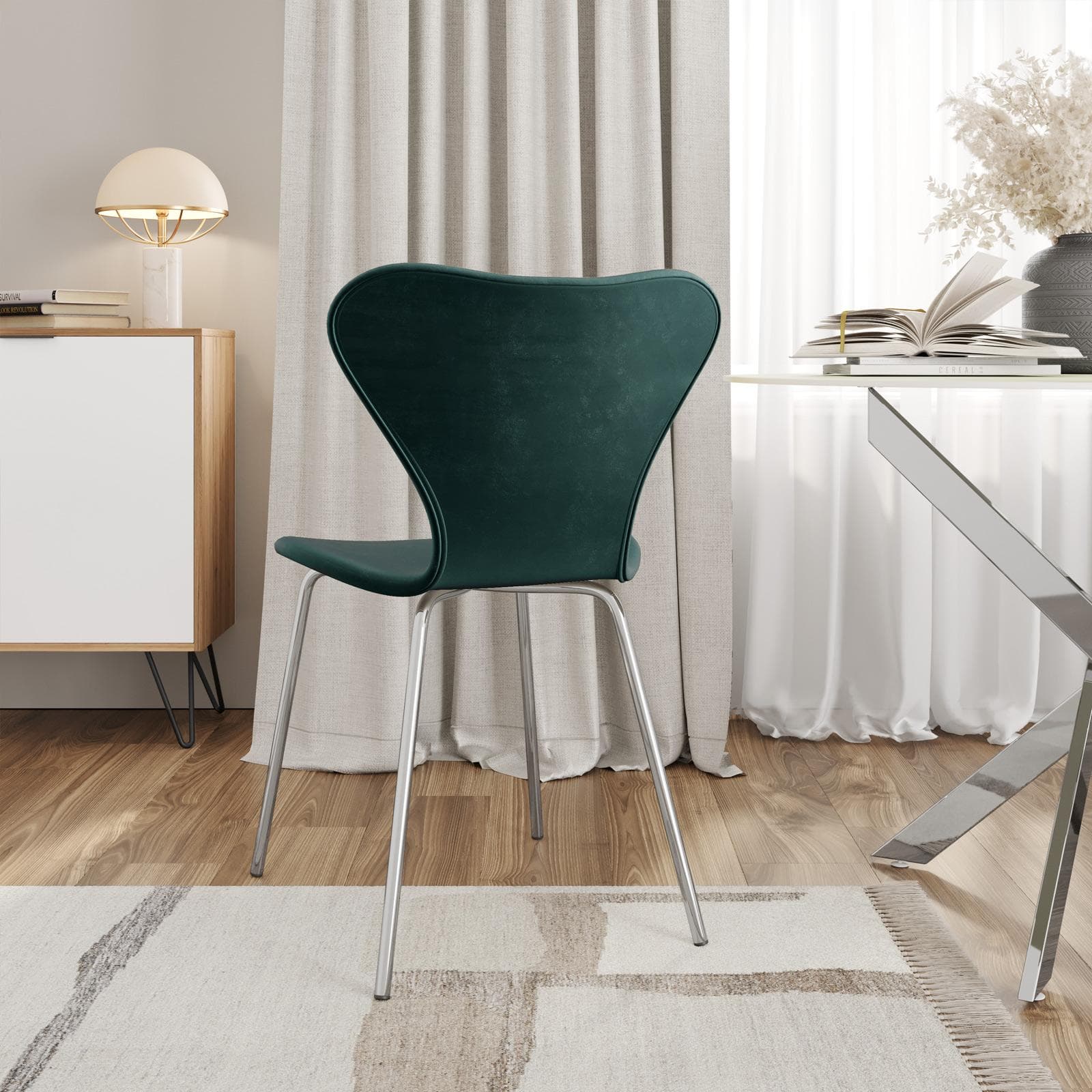 Sedia impilabile velluto verde bosco con gambe cromo - Dolly