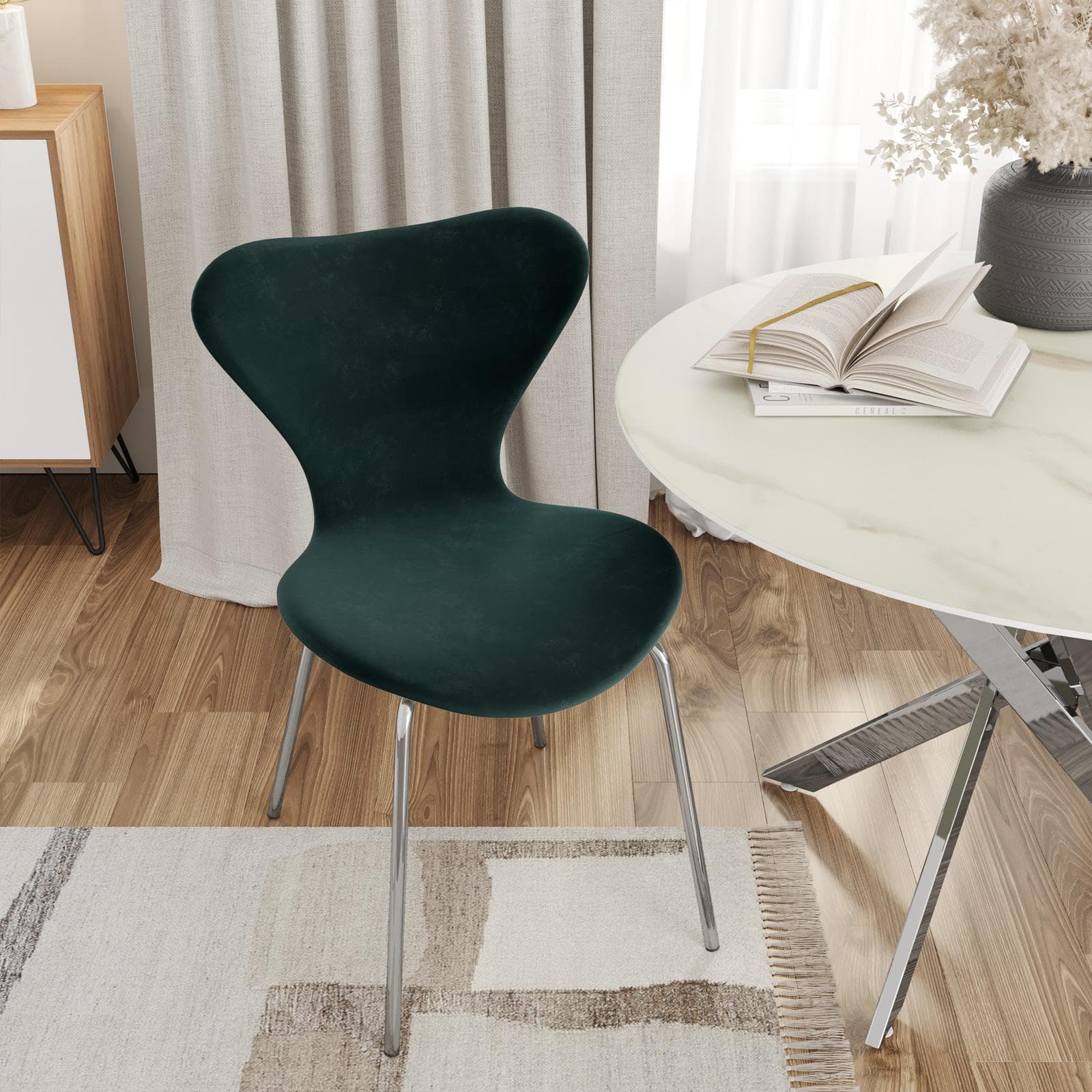 Sedia impilabile velluto verde bosco con gambe cromo - Dolly