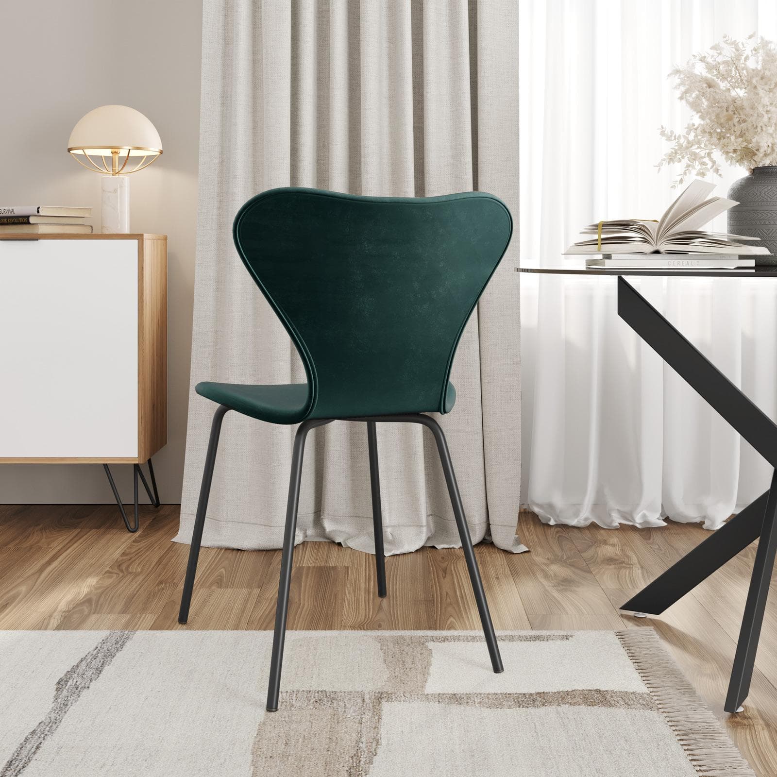 Sedia impilabile in velluto verde bosco con gambe in metallo nero - Dolly