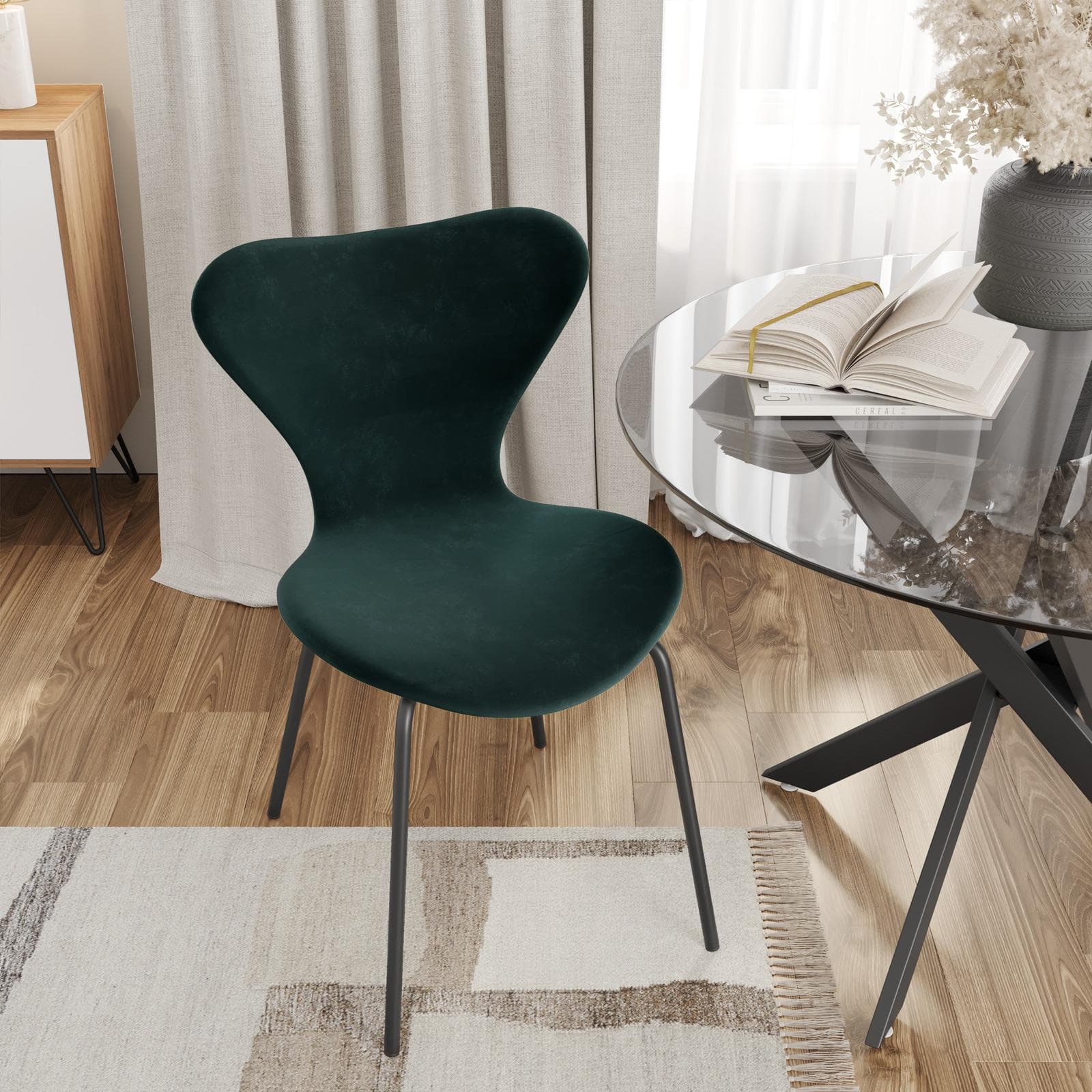 Sedia impilabile in velluto verde bosco con gambe in metallo nero - Dolly