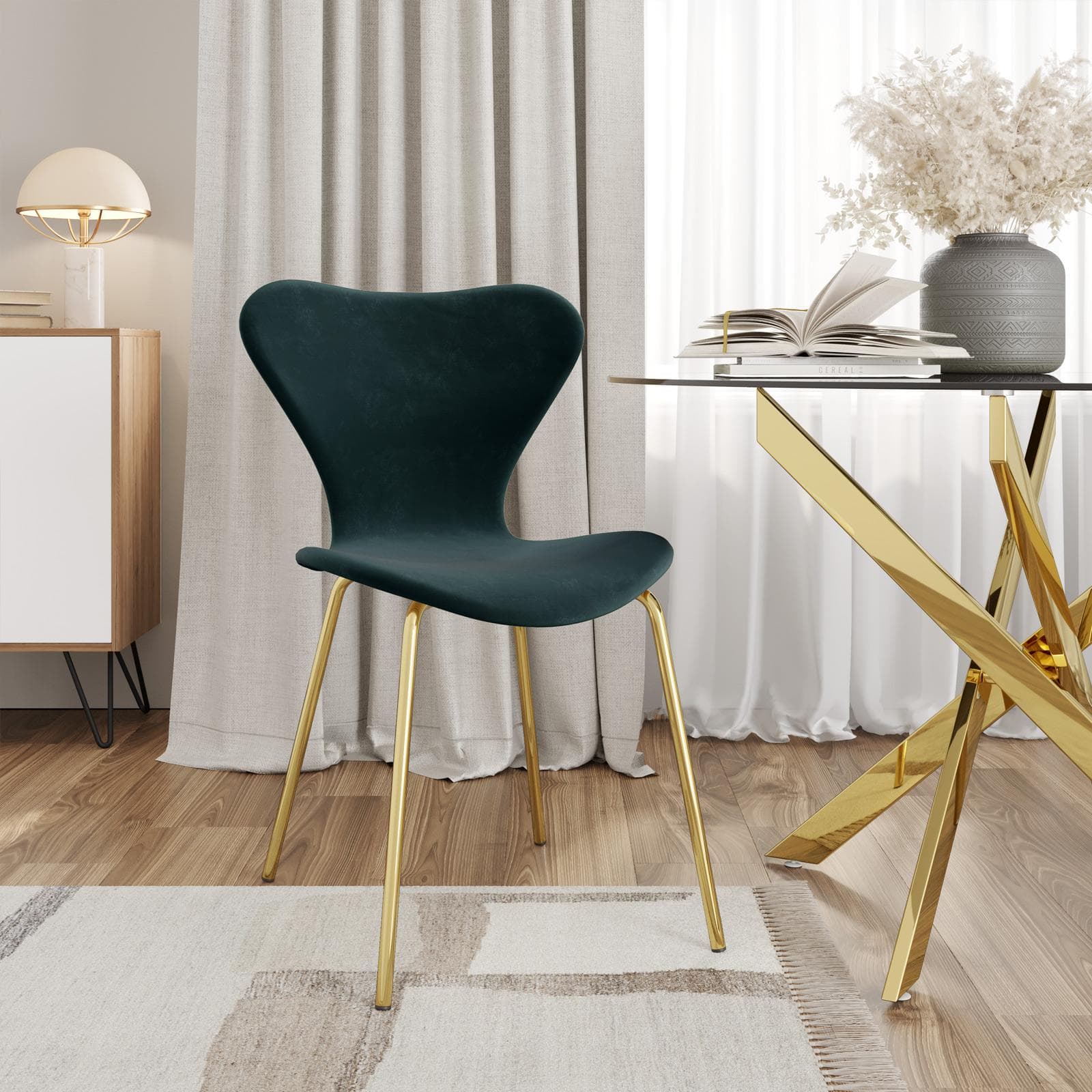 Sedia impilabile in velluto verde bosco con gambe oro - Dolly