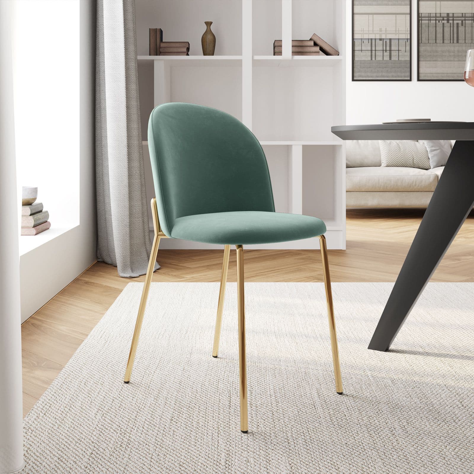 Sedia in velluto verde salvia con gambe in metallo finitura oro - Zilla