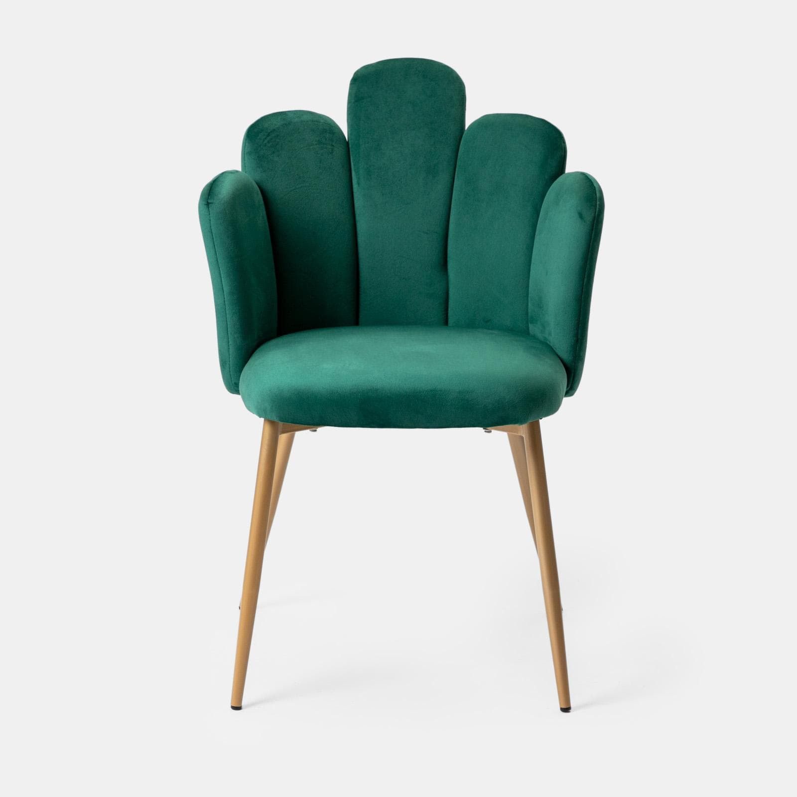 Sedia in velluto verde scuro con schienale a conchiglia e gambe in metallo finitura oro - Pedersen
