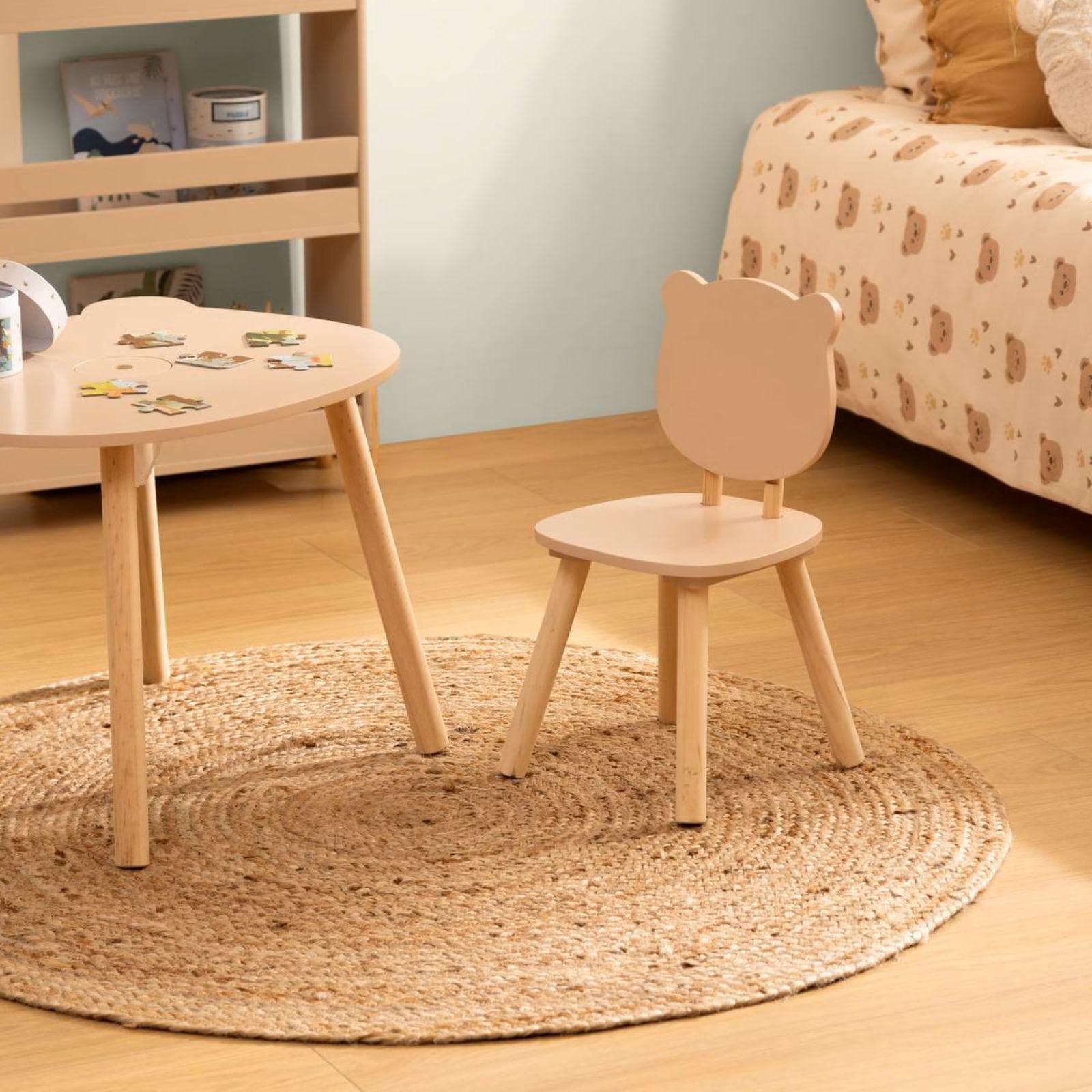 Sedia per bambini orsetto in legno di pino naturale e beige - Dolcezza kids